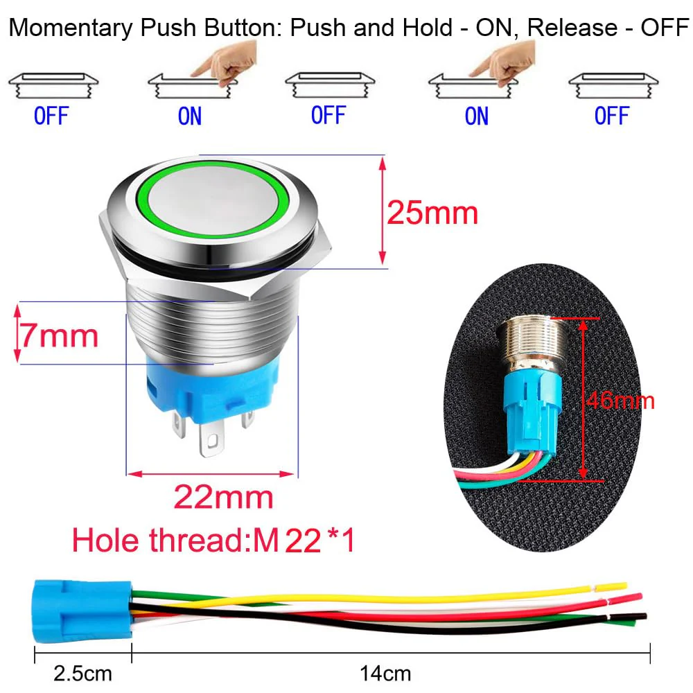 0.87 Inch/22mm Stainless Steel Momentary Push Button SPDT 110V-220V/3A LED 1NO1NC ON/Off Waterproof with Wire Socket Plug (Green LED) green /110-220V - Image 3