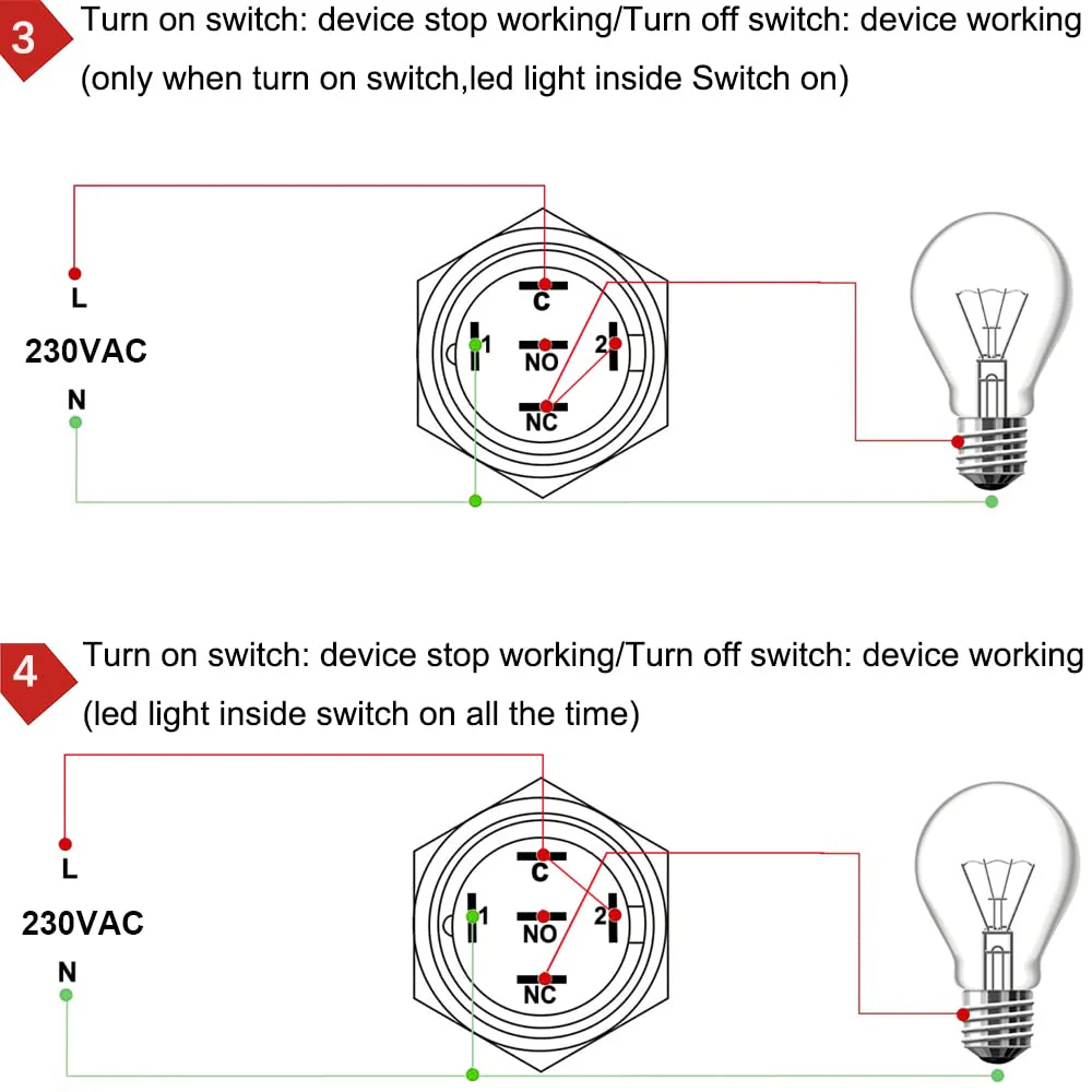 0.87 Inch/22mm Stainless Steel Momentary Push Button SPDT 110V-220V/3A LED 1NO1NC ON/Off Waterproof with Wire Socket Plug (Green LED) green /110-220V - Image 5