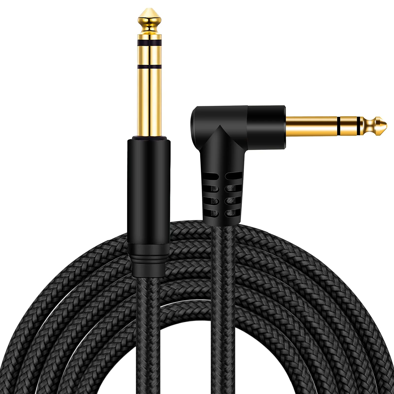 1/4 Inch TRS Instrument Cable 3Ft, 6.35mm TRS to 6.35mm TRS Stereo Audio Cable Male to Male Right-Angle-to-Straight for Electric Guitar, Bass, Keyboard,Mixer,Amplifier,Speaker,Equalizer... Black