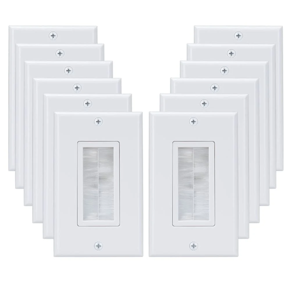 1 Gang Brush Wall Plate Decora Style White Brush Wall for Passing Through Speaker Wires/Coaxial/HDMI/Network/Phone/Audio/Video Cables, Pack of 12, White, 24 Screws Included
