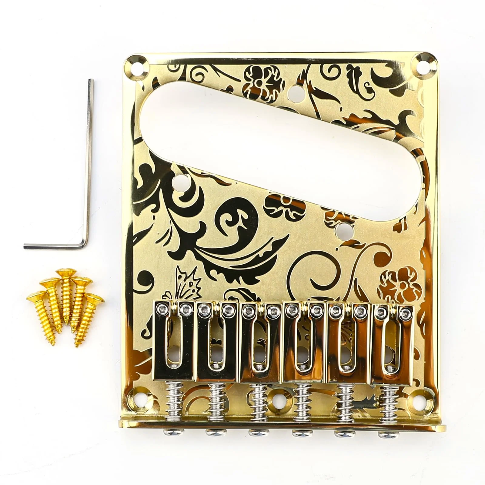 10.5mm Engraved Stainless Steel Fixed Electric Guitar Bridge Single Pickup Hole 6-string Guitar hardtail Bridge for Telecaster Tele TL Style Electric Guitar Replacement Parts (Gold) Gold