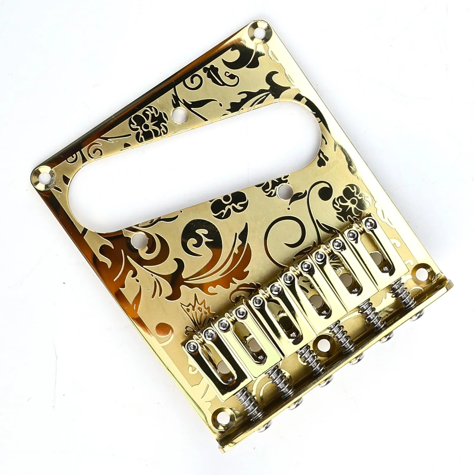 10.5mm Engraved Stainless Steel Fixed Electric Guitar Bridge Single Pickup Hole 6-string Guitar hardtail Bridge for Telecaster Tele TL Style Electric Guitar Replacement Parts (Gold) Gold - Image 2