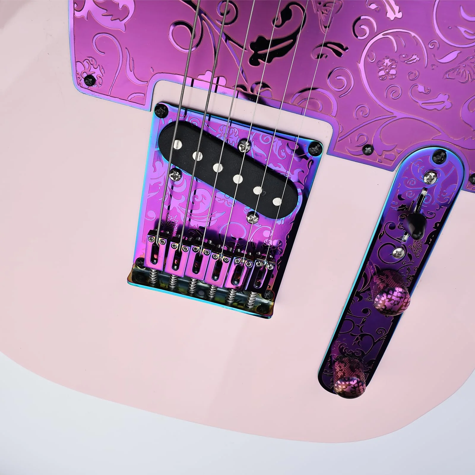 10.5mm Engraved Stainless Steel Fixed Electric Guitar Bridge Single Pickup Hole 6-string Guitar hardtail Bridge for Telecaster Tele TL Style Electric Guitar Replacement Parts (Purple) Purple - Image 4