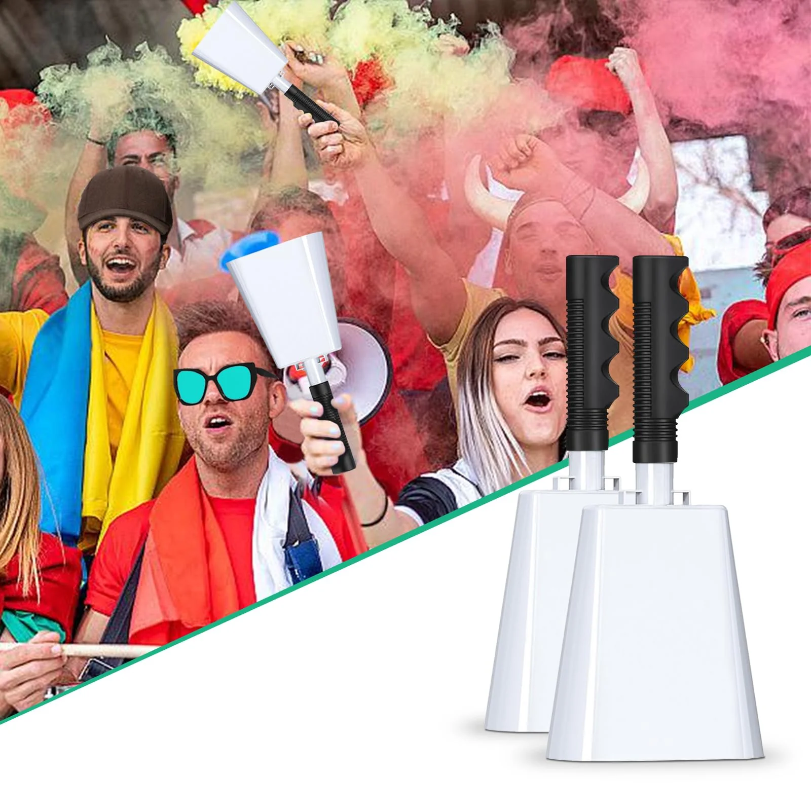 10 Inch Cowbell with Handle, Noise Maker Cow Bell, Steel Cheering Bell for Sports Events Graduations Party Chimes, Percussion Musical Instrument (White 2 PCS) White 2 PCS - Image 2