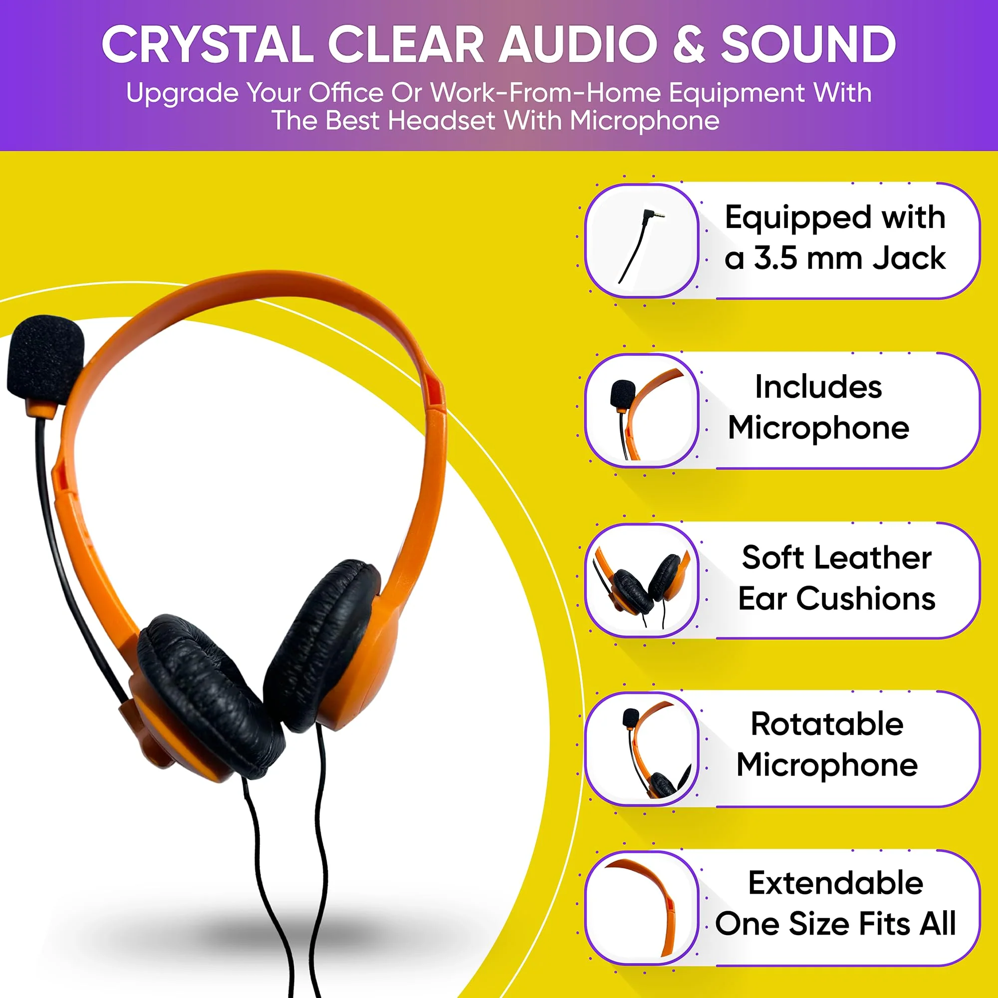 10 Pack Bulk Wired On-Ear Leather Headsets with Boom Microphone and 3.5mm Connector, Multi 10 Pack Leather headsets with mic mixed - Image 5