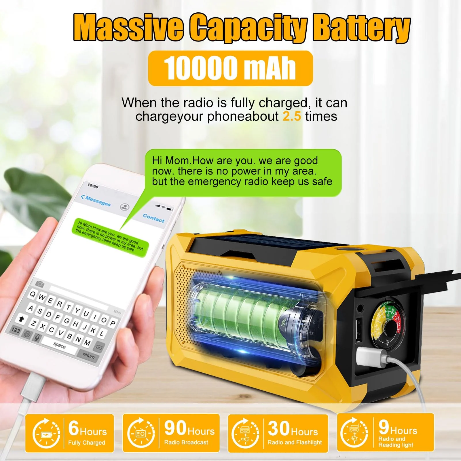 10000mAh Emergency Hand Crank Radio with LED Flashlight, AM/FM NOAA Portable Weather Alert Radio, Solar Powered Radio with Phone Charger, USB Charged, Headphone Jack, SOS Alarm, Compass (Yellow) yellow - Image 2