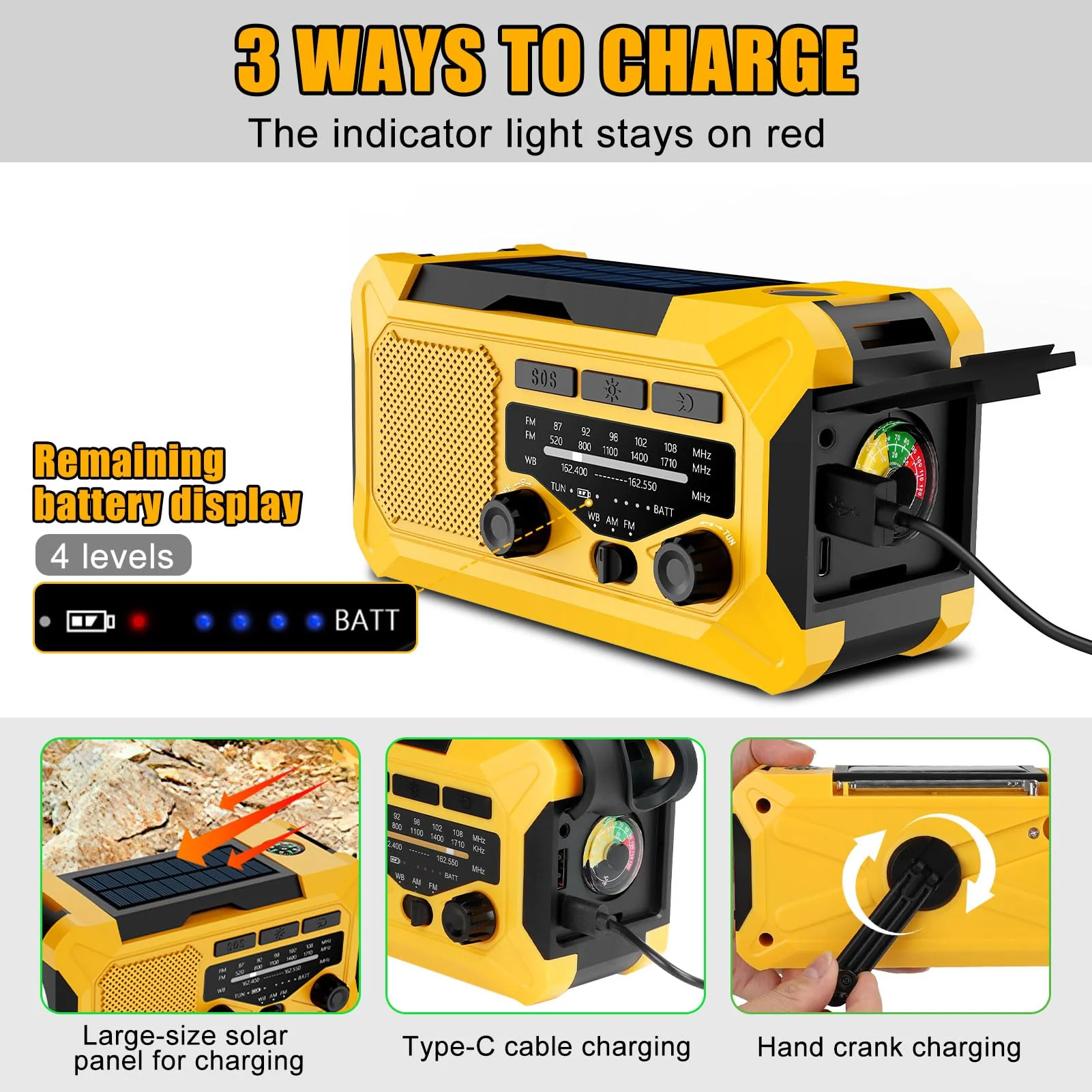 10000mAh Emergency Hand Crank Radio with LED Flashlight, AM/FM NOAA Portable Weather Alert Radio, Solar Powered Radio with Phone Charger, USB Charged, Headphone Jack, SOS Alarm, Compass (Yellow) yellow - Image 3