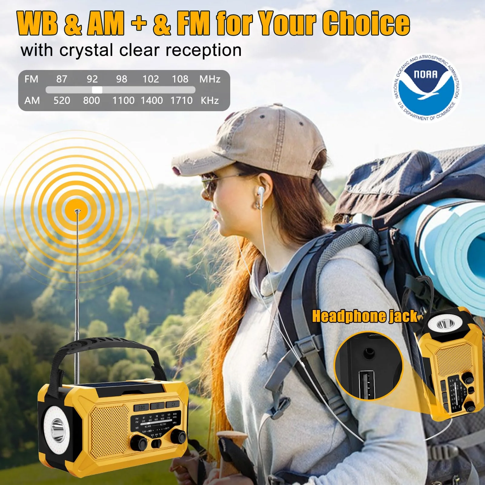 10000mAh Emergency Hand Crank Radio with LED Flashlight, AM/FM NOAA Portable Weather Alert Radio, Solar Powered Radio with Phone Charger, USB Charged, Headphone Jack, SOS Alarm, Compass (Yellow) yellow - Image 8
