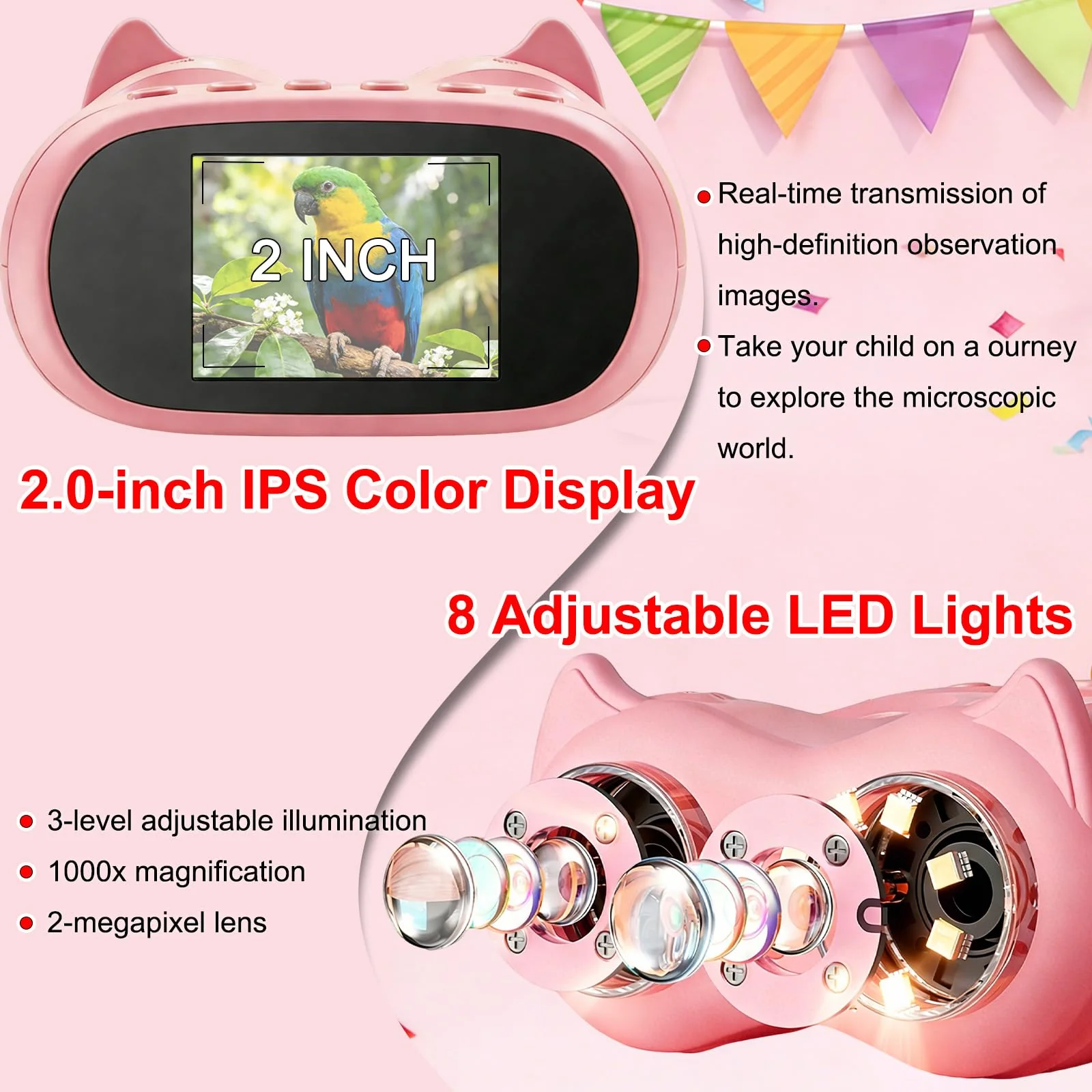 1000X Digital Microscope for Kids &Binoculars,Handheld Kids Microscope with 2.0" Screen,Rechargeable USB Portable Microscope,STEM Education Toys Christmas Birthday Gifts for Kids Boys Girls Ages 4-12 Pink - Image 4