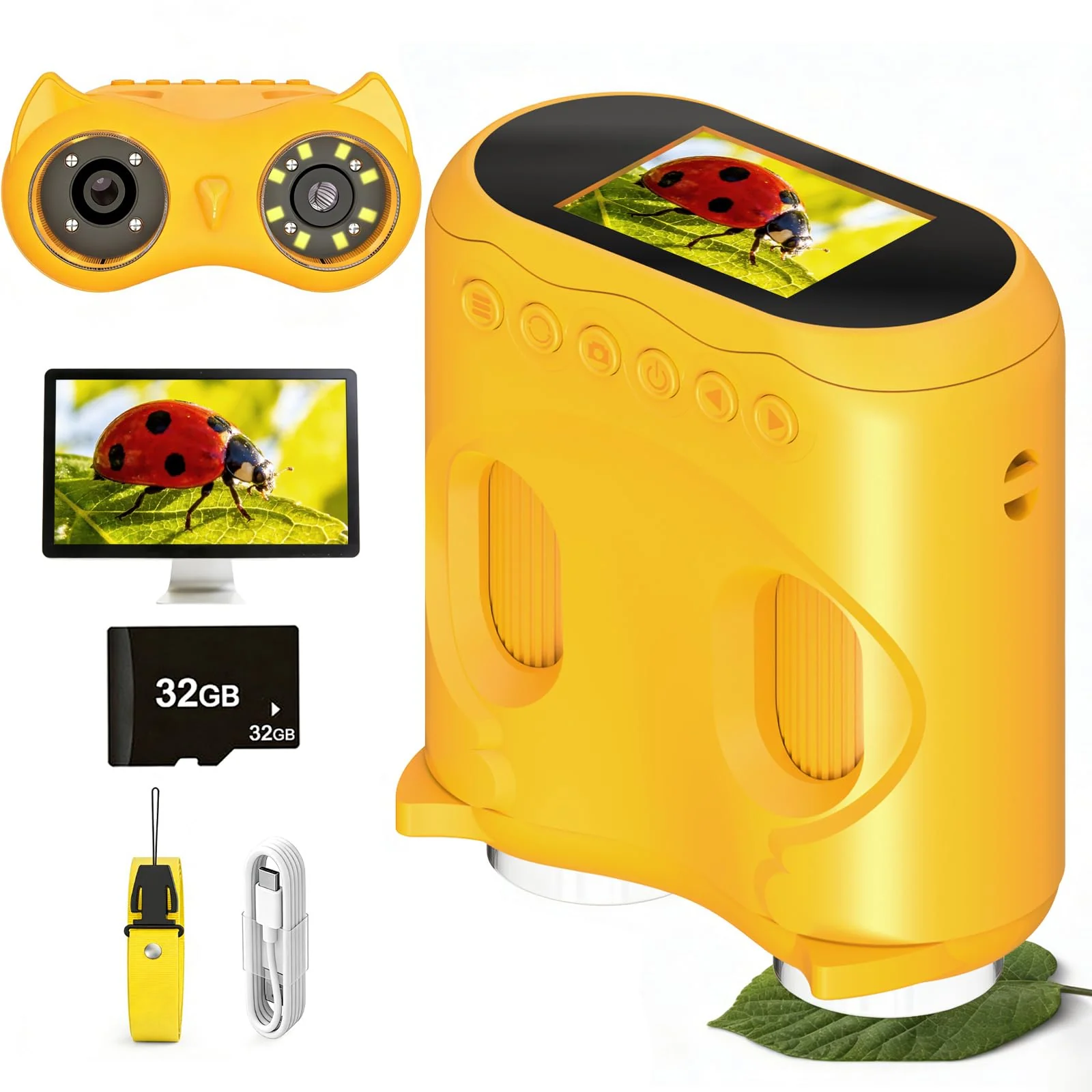 1000X Digital Microscope for Kids & Binoculars,Handheld Kids Microscope with 2.0" Screen,Rechargeable USB Portable Microscope,STEM Education Toys Christmas Birthday Gifts for Kids Boys Girls Ages 4-12 Yellow