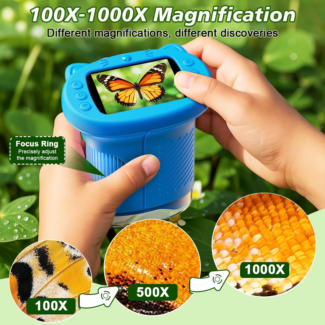 1000X Handheld Digital Microscope for Kids, 4K Kids Microscope with 2.4" Screen, 200–1000X Magnification, Portable STEM Educational Toy with 12 Slides for Boys and Girls Ages 5–12 (Blue) Blue - Image 2