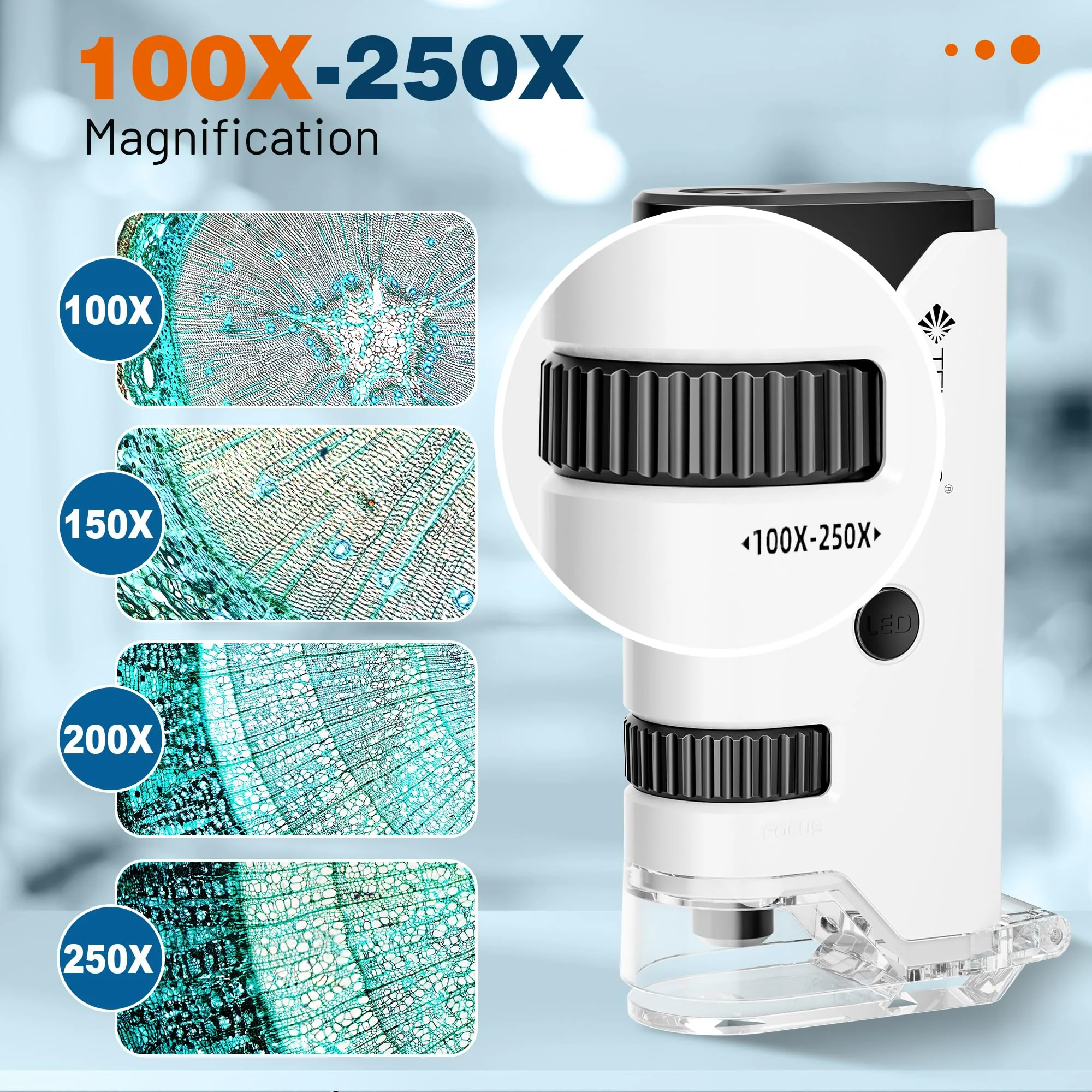 100x-250x Mini Pocket Microscope for Kids Adults, Protable Handheld Microscope with 5 Microscope Slides, Phone Adapter, Miniscope Portable Microscope Kit for Kids Adults Science Lab Education,White White - Image 2