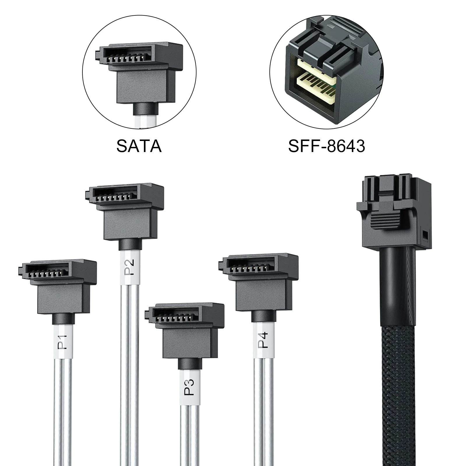 10Gtek MiniSAS HD SFF-8643 Breakout to 4xSATA Cable, Compatible with Raid Controller Hard Drive, SATA Right Angle, 0.5m(1.6ft) SATA(Right Angle) - Image 2