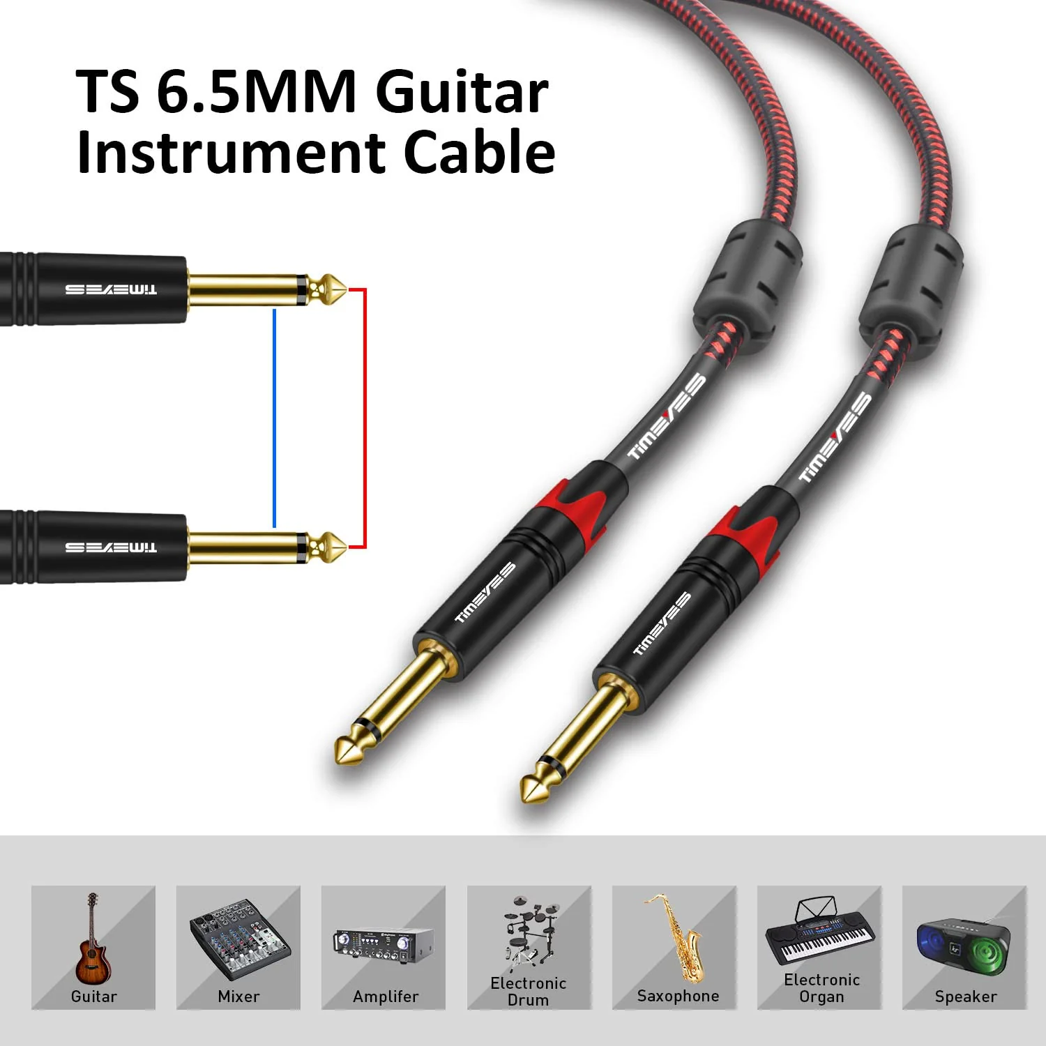 10M TS 1/4 Inch Mono Instrument Cable, 6.35mm(1/4) TS to 6.35mm(1/4) TS Audio Interconnect Cord, 1/4'' 6.5mm Male Amp Cable Cord for Electric Guitar, Bass, Keyboard, Speaker 1/4'' Jack 33FT 10M/33FT - Image 6