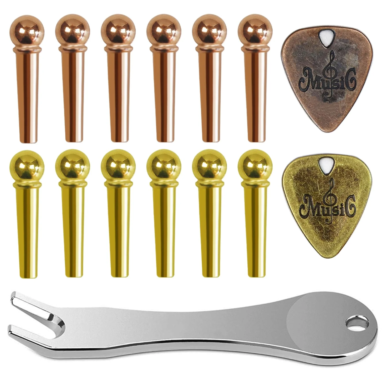 12 Pcs Acoustic Guitar Bridge Pins with Bridge Pin Puller Remover 2 Guitar Picks Guitar Pegs Guitar Parts Accessories Replacement Tools Kits