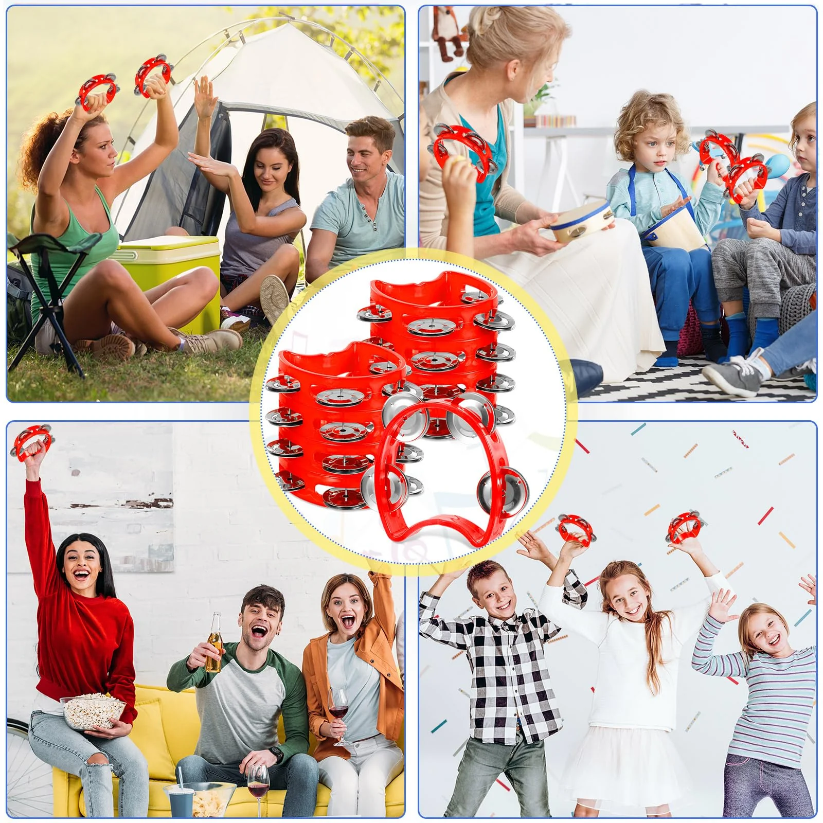 12 Pcs Plastic Percussion Tambourine with 4 Bells Rhythm Musical Instruments for Adults Hand Tambourine Hand Held Percussion Drum for Party Kindergarten Family School Supplies (Red) Red - Image 4