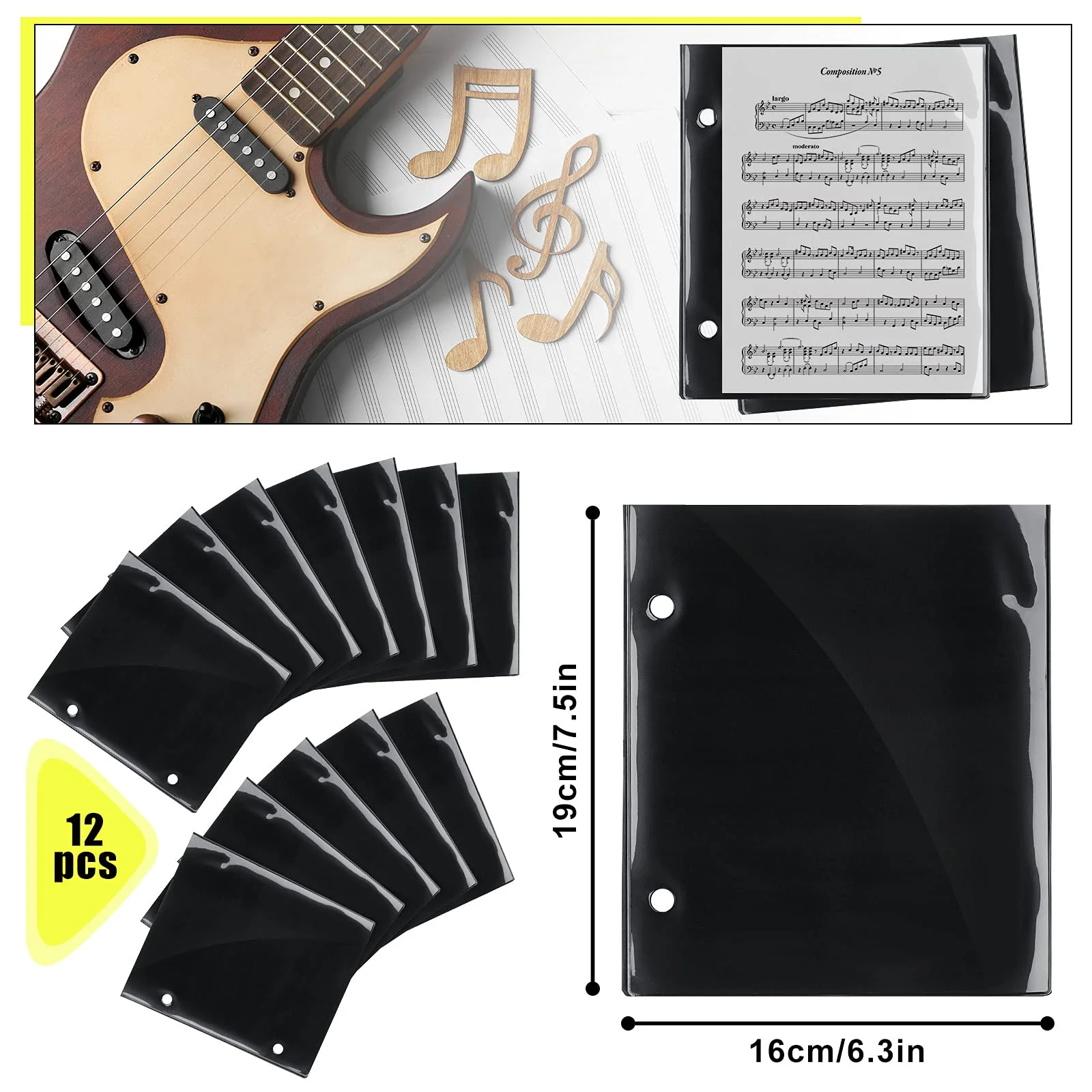 12 Pieces Flip Folder Pages Flip Folio Marching Band Music Files Holder Sheet Musical Flip Folder with 2 Holes 7.5 x 6.3 Inches PVC Waterproof Window Pages for Music Files (Black, Single Side) Black - Image 2