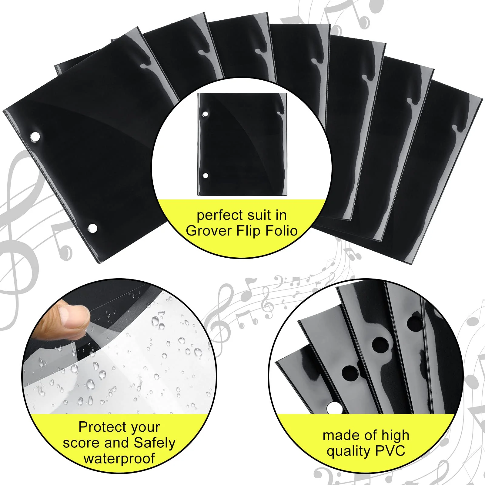 12 Pieces Flip Folder Pages Flip Folio Marching Band Music Files Holder Sheet Musical Flip Folder with 2 Holes 7.5 x 6.3 Inches PVC Waterproof Window Pages for Music Files (Black, Single Side) Black - Image 4