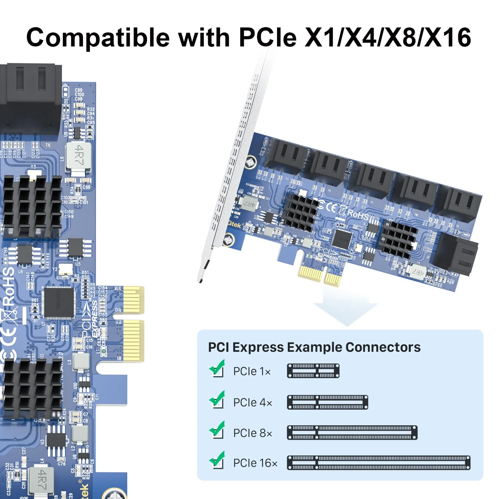 12 Port PCIe SATA Card, SATA3.0 Expansion Card, X1, with 12 SATA cable, Support SSD and HDD 12-Port, PCI-e X1 - Image 2