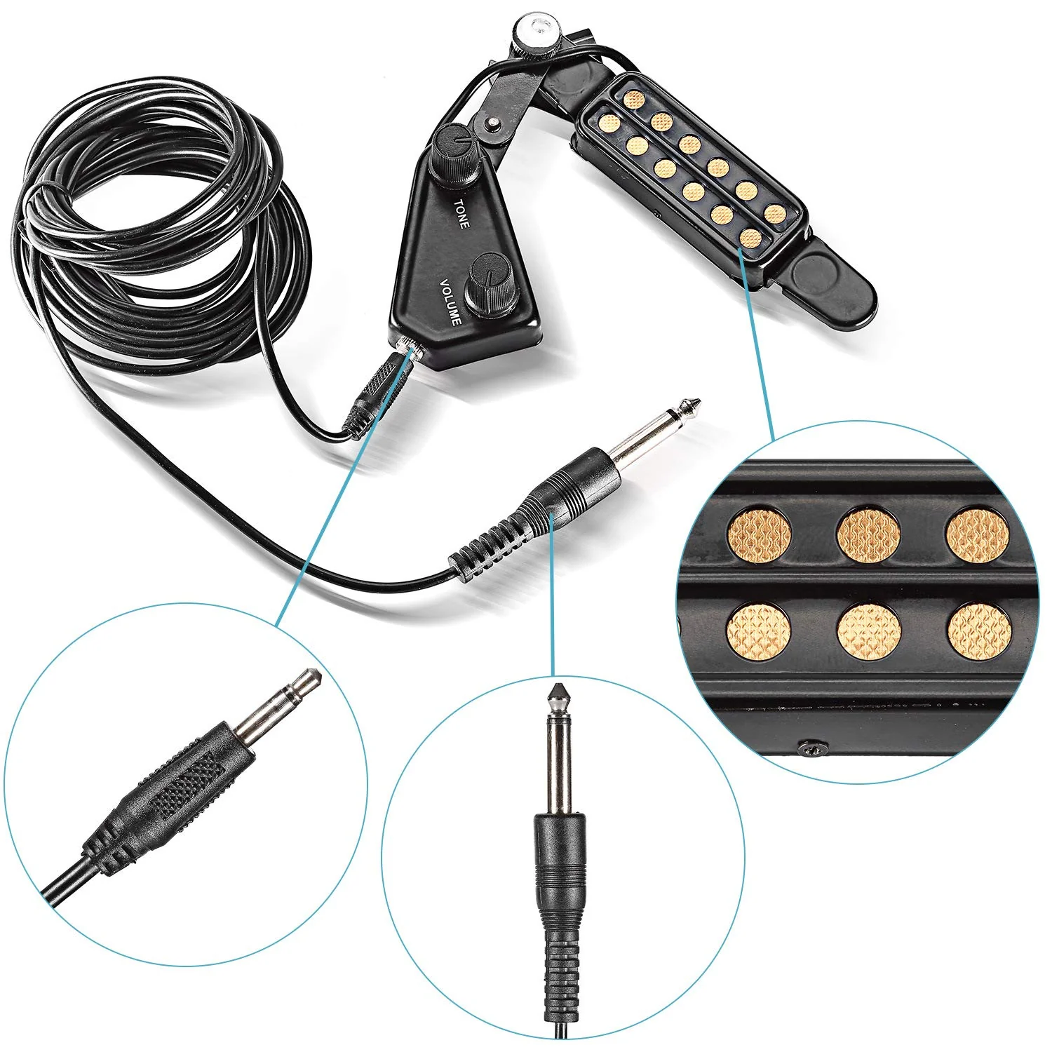 12 SoundHole Guitar Pickup Acoustic Electric Transducer for Acoustic Guitar Magnetic Preamplifier with Tone and Volume Control, Cable Length 10 ft - Image 5