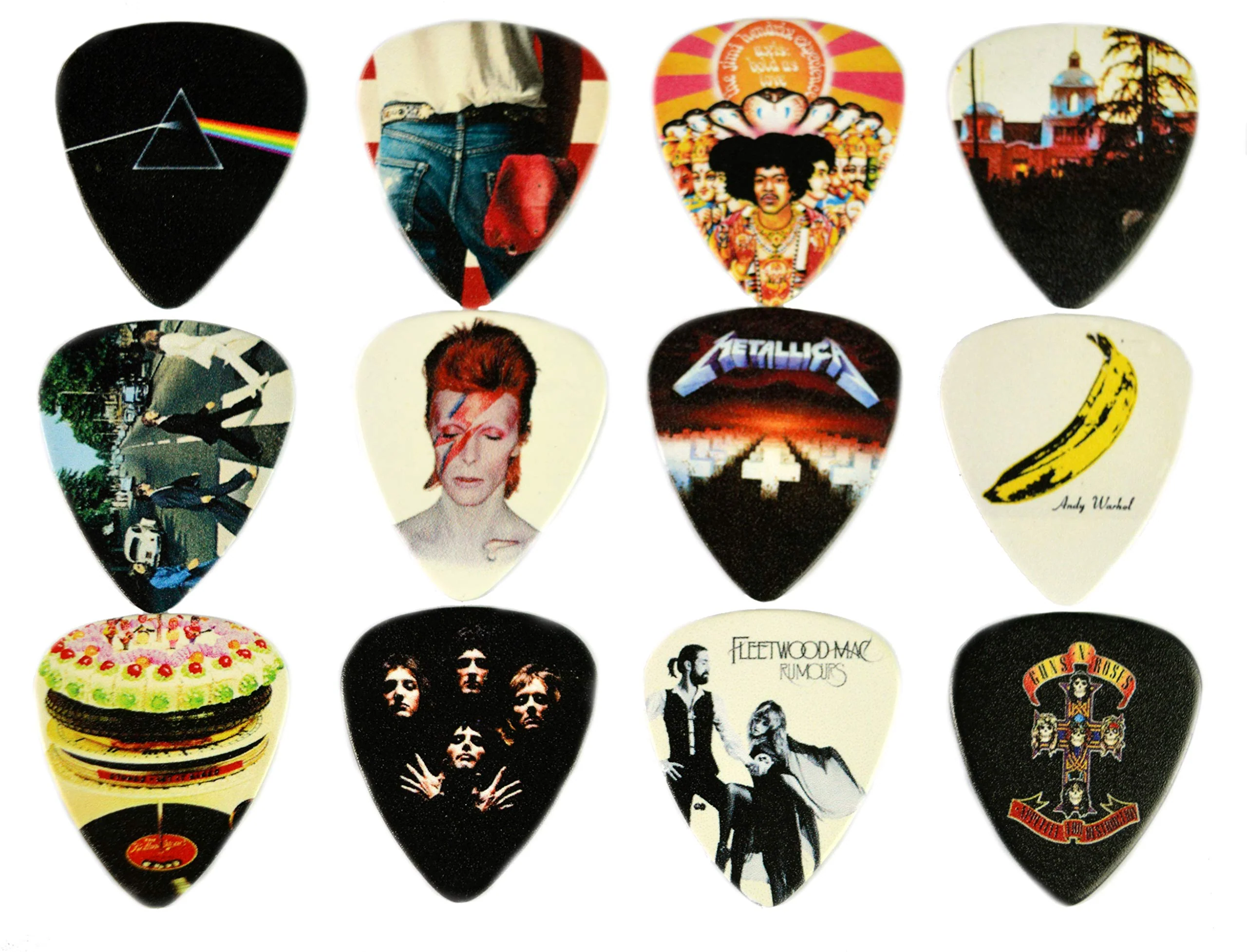 12 x Classic Albums Guitar Pick Set. Guitar Plectrums For Every Guitarist. Double Sided Printing. Picks Sized 0.46, 0.71, 0.81, 0.88, 0.96 And 1.2 mm Included (Set 1)