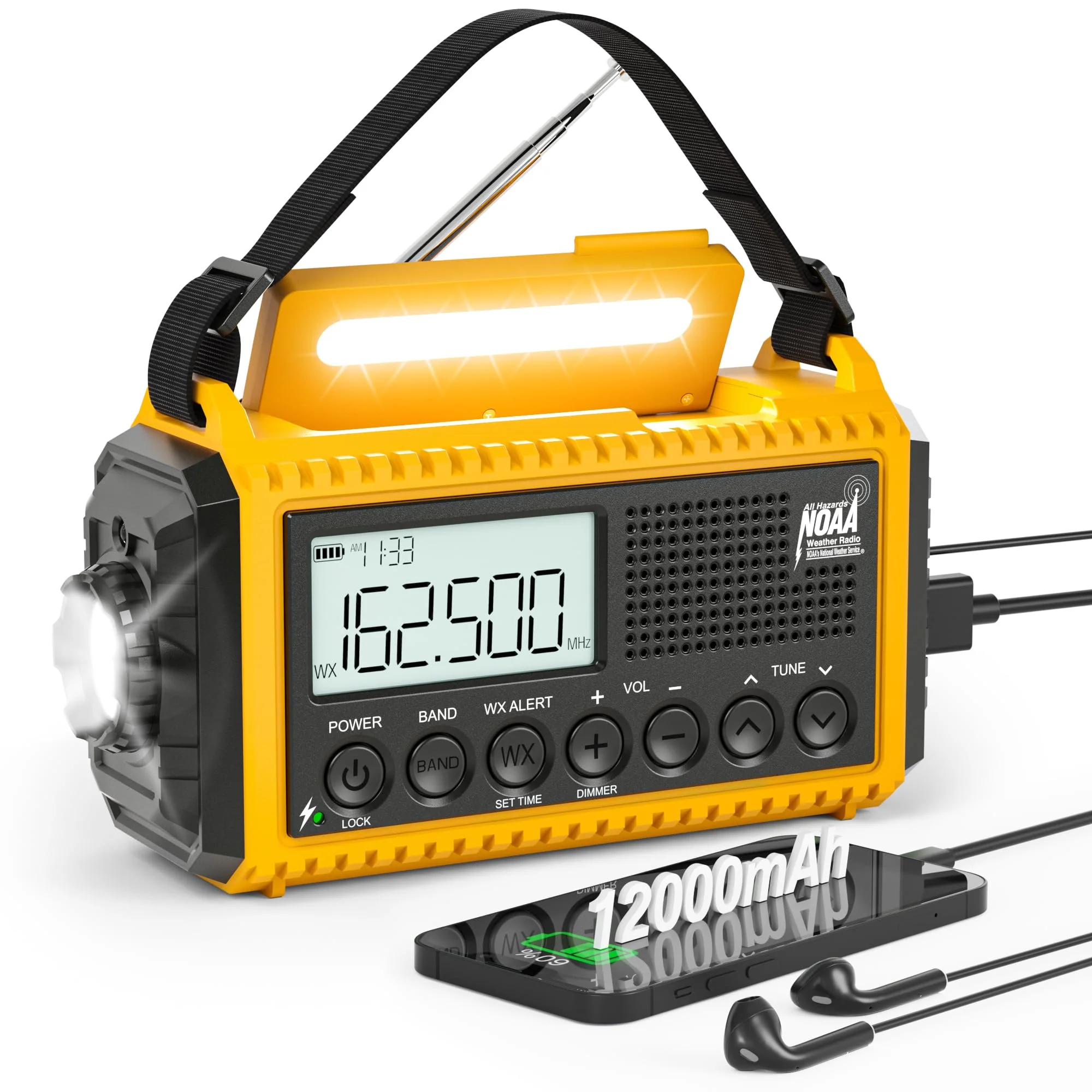 12000mAh NOAA Emergency Weather Radio, Hand Crank Emergency Radio Portable AM FM Shortwave, Solar Rechargeable Battery Powered Radio with USB-C Charger & Adapter, SOS Alert Flashlight for Home Camping 12000mAh Yellow with LCD Display