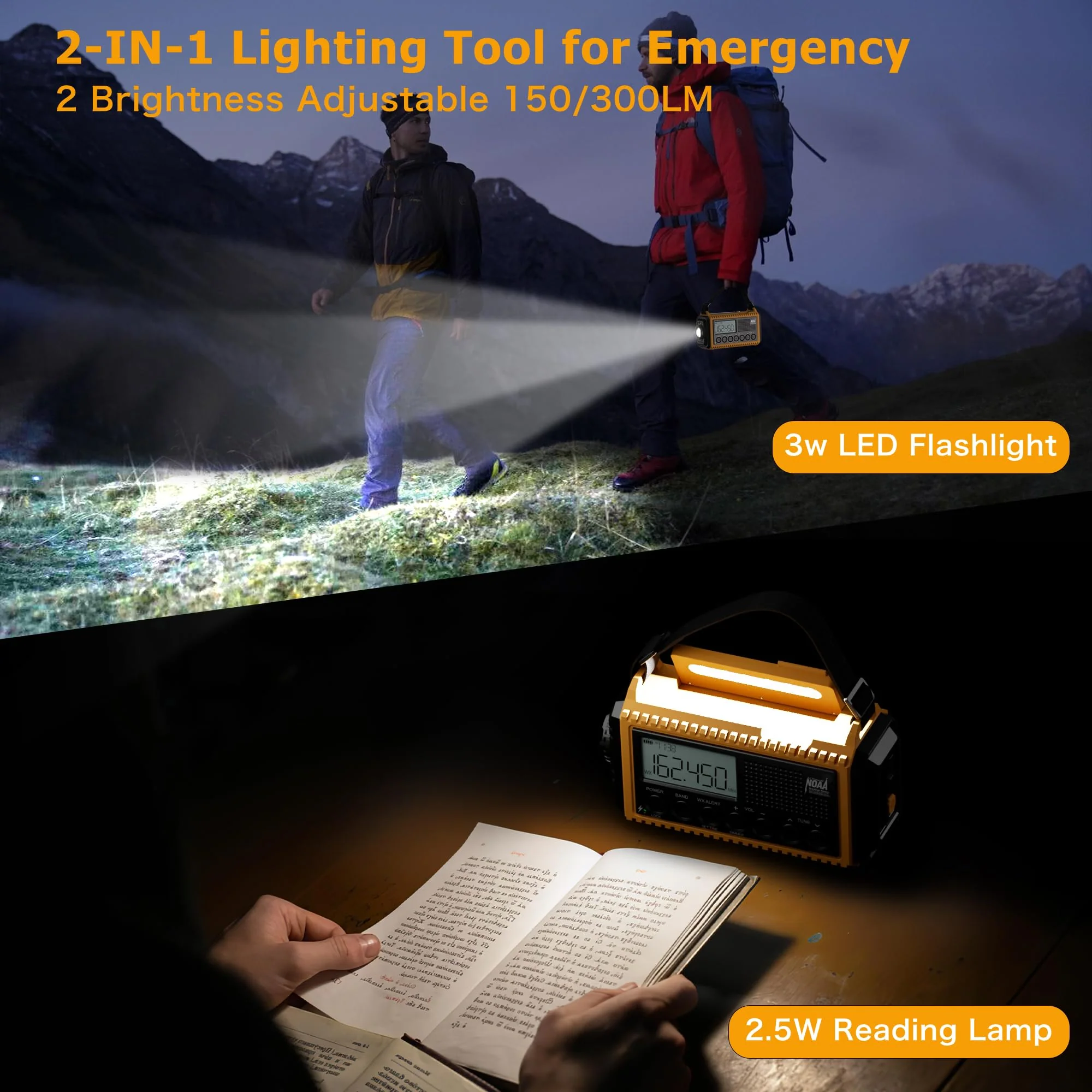 12000mAh NOAA Emergency Weather Radio, Hand Crank Emergency Radio Portable AM FM Shortwave, Solar Rechargeable Battery Powered Radio with USB-C Charger & Adapter, SOS Alert Flashlight for Home Camping 12000mAh Yellow with LCD Display - Image 5