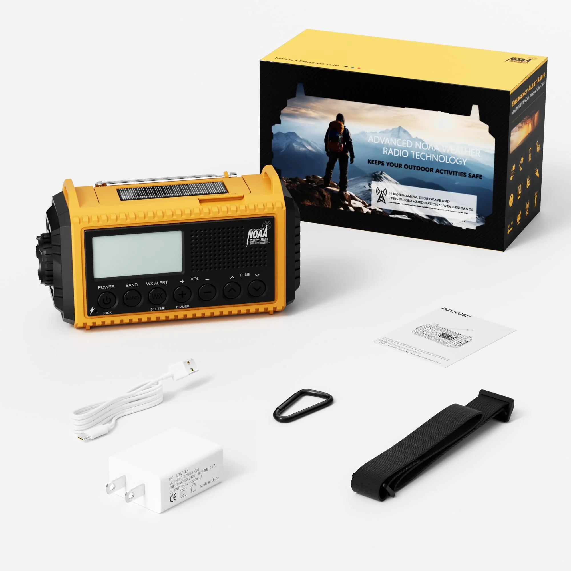 12000mAh NOAA Emergency Weather Radio, Hand Crank Emergency Radio Portable AM FM Shortwave, Solar Rechargeable Battery Powered Radio with USB-C Charger & Adapter, SOS Alert Flashlight for Home Camping 12000mAh Yellow with LCD Display - Image 7