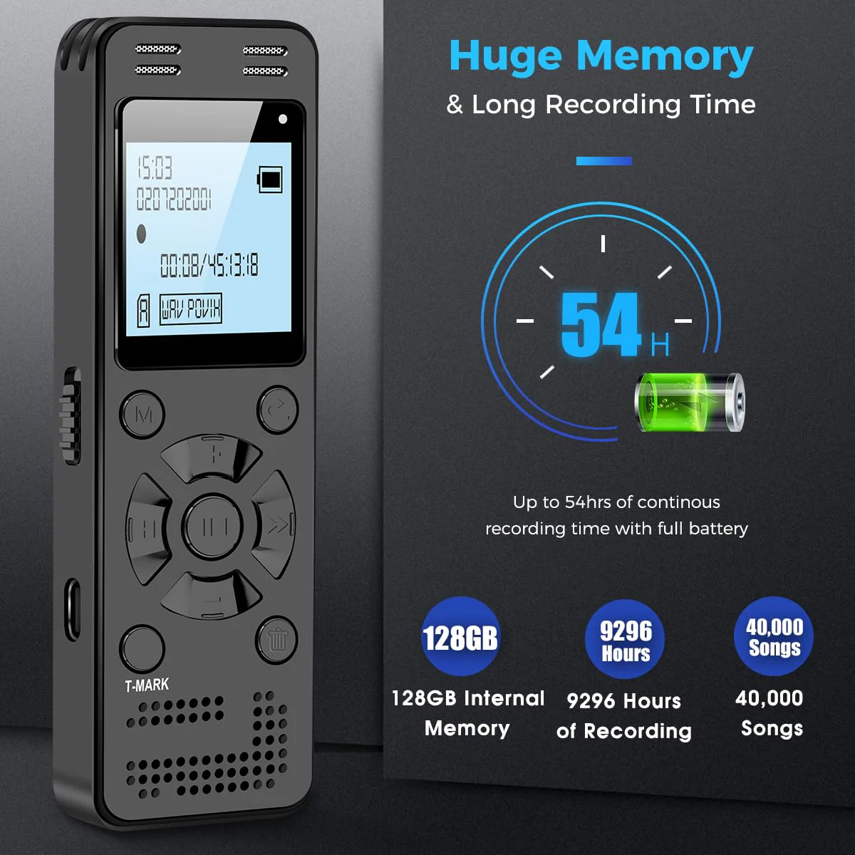 128GB Digital Voice Recorder for Lectures Meetings - EVIDA 9296 Hours Voice Activated Recording Device Audio Recorder with Playback,Password - Image 3