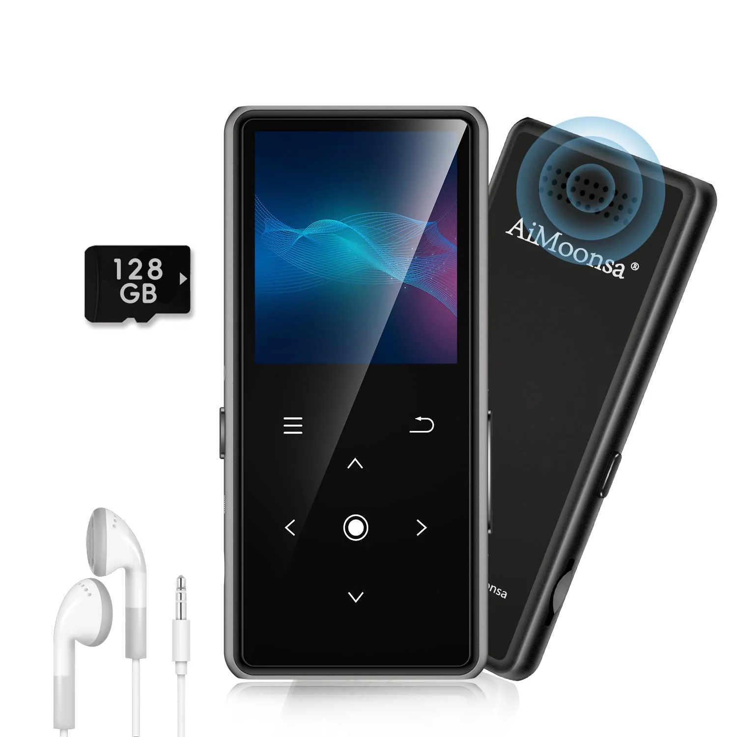 128GB MP3 Player with Bluetooth 5.2, AiMoonsa Music Player with Built-in HD Speaker, FM Radio, Voice Recorder, HiFi Sound, E-Book, Earphones Included Black - 128GB