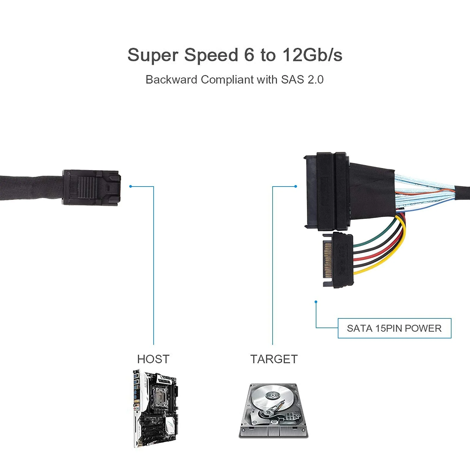 12G Internal Mini SAS SFF-8643 to U.2 SFF-8639 NVMe SSD Cable with 15 pin Male SATA Power Connector, PCIe 4.0, 85 Ohm, 1.6ft/0.5m 0.5 meter - Image 6