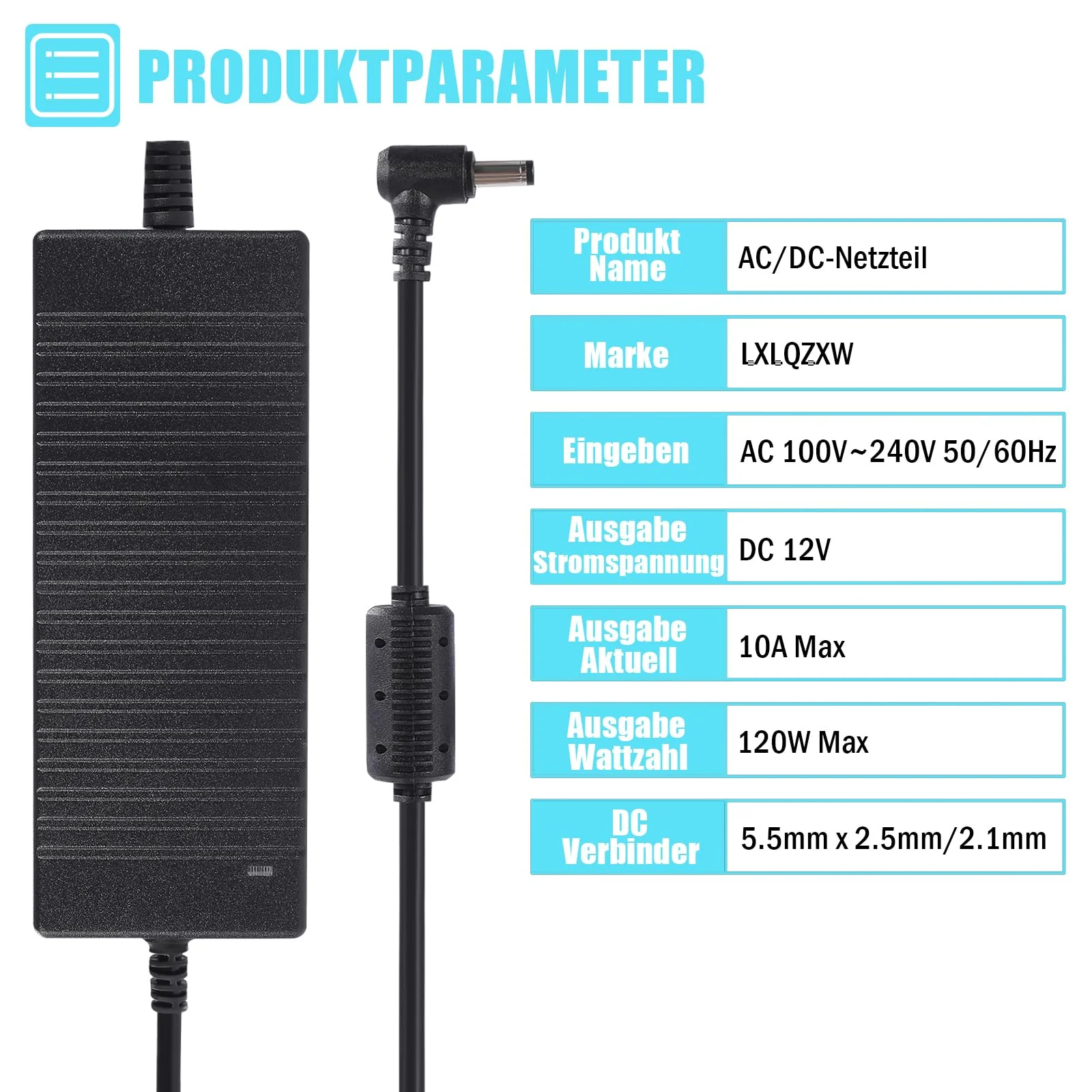 12V 10A Power Supply Adapter, AC 100V-240V to DC 12V 10A 120W Voltage Converter LED Transformer Power Supply 5.5 mm x 2.5/2.1 mm Plug for LED Strip Module Light CCTV Cameras 3D Printer 12 V, 10 A, 120 W - Image 3