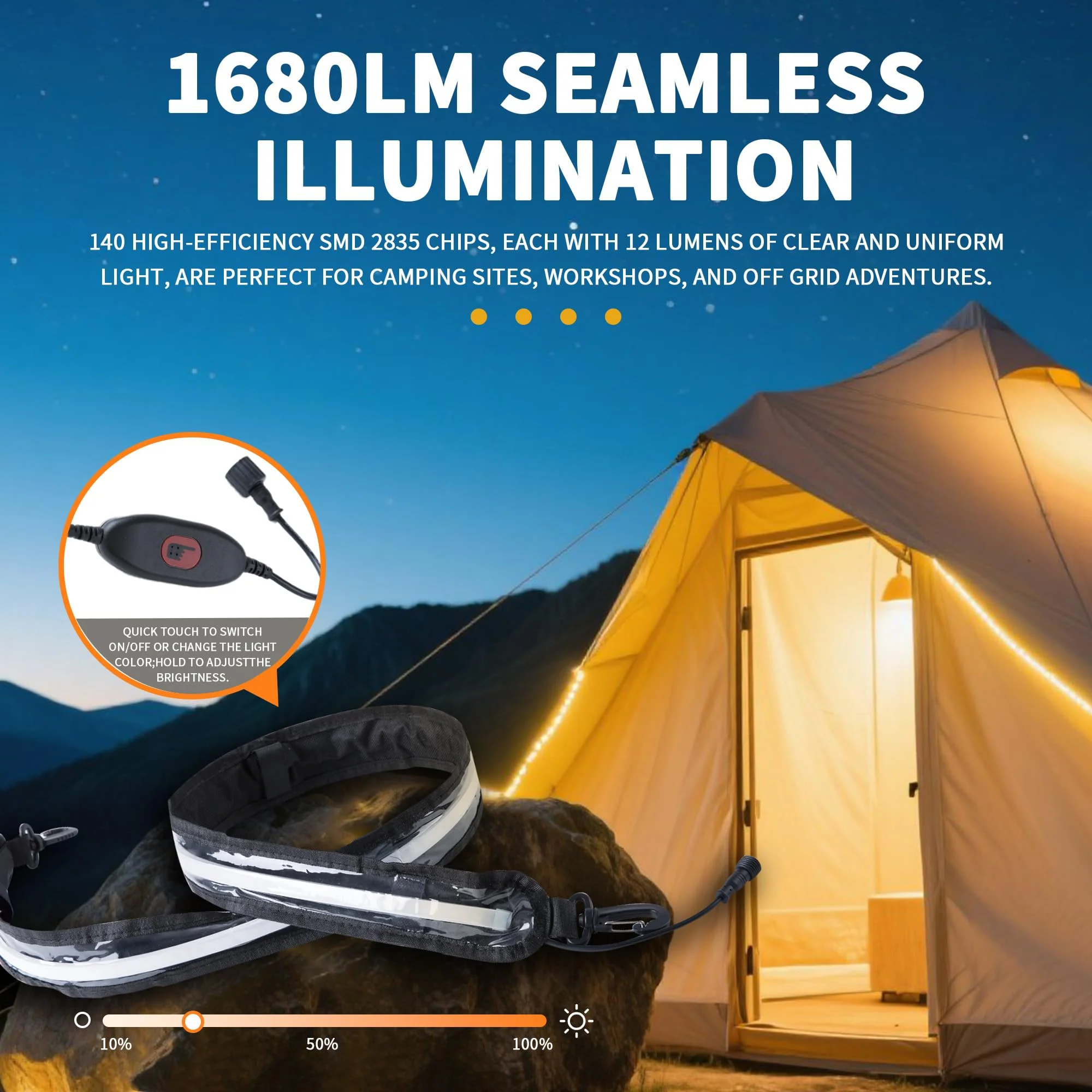 12V 4ft Led Light Strip Dimmable Camping Awning Light with 140 SMD 2835 LED Chips Cabinet Lights, Rv Accessories Waterproof IP67 Multi-Functional Use for Car Tent, Camper Motorhome White/1 set - Image 2