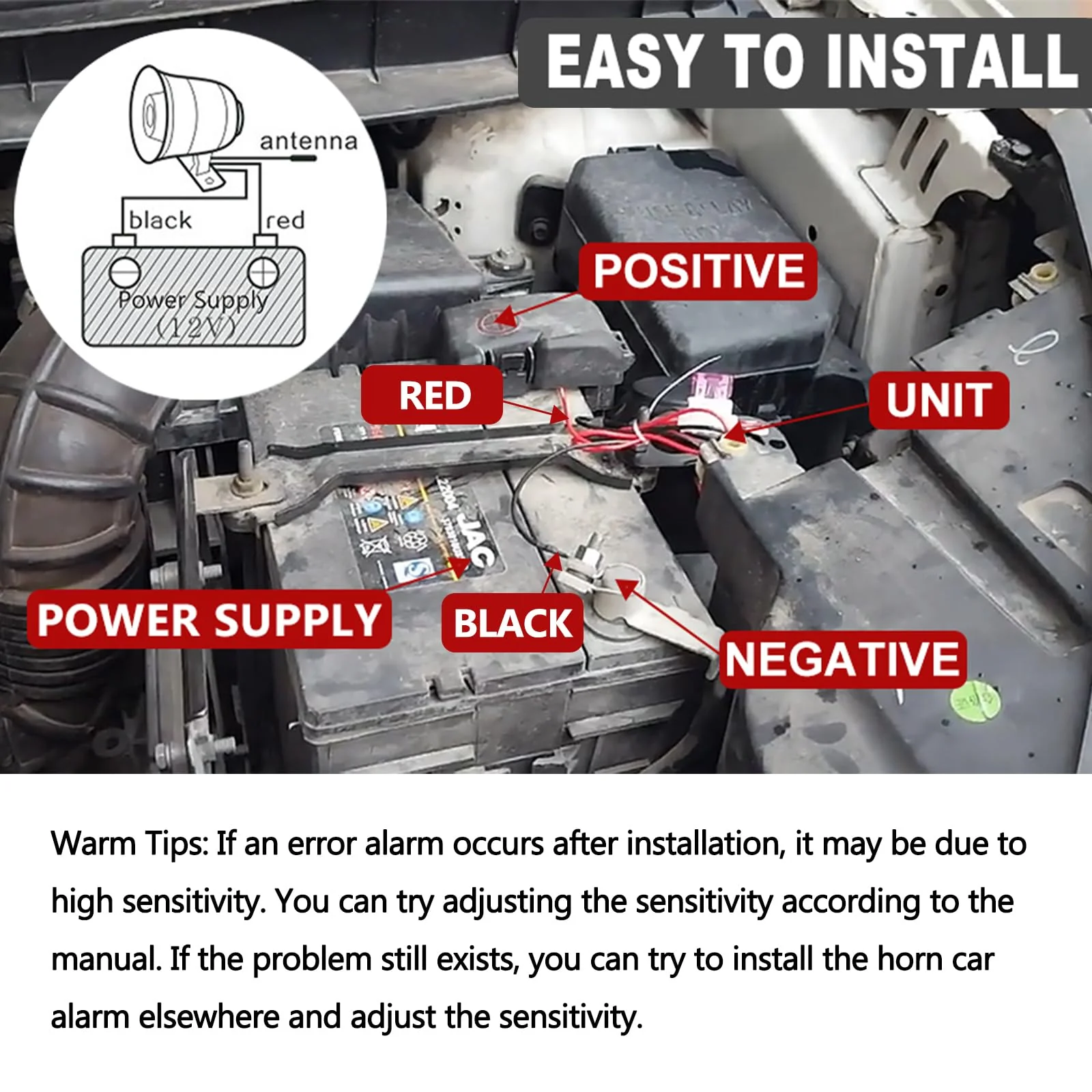 12V Car Alarm System, Anti-Theft Horn Siren with 7-Levels Sensitivity Universal Security Protection System Vehicle Alarm System with Sound - Image 4