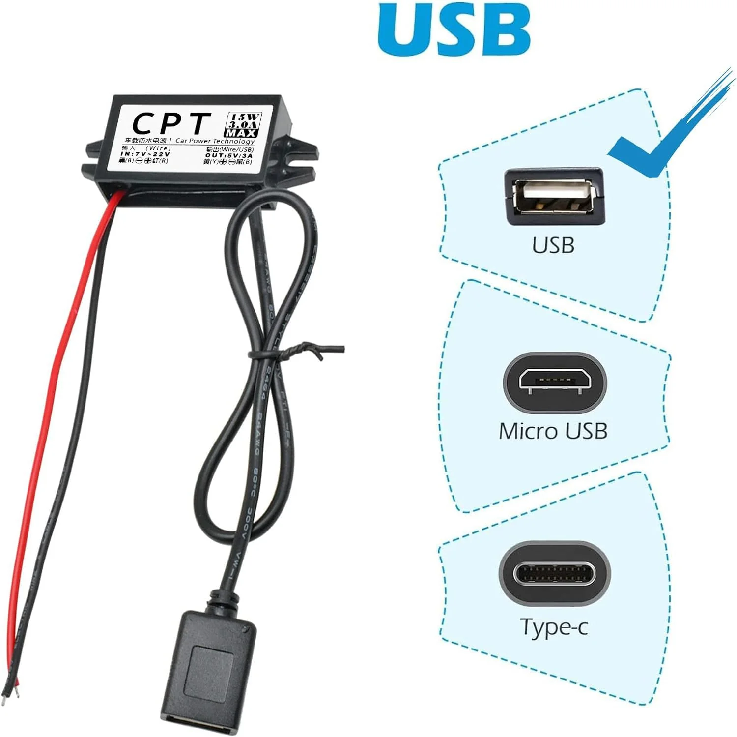 12V to 5V USB Adapter, DC Buck Converter Module 3A 15W Car Power Converter Adapter (Single USB) 1 Items - Image 3