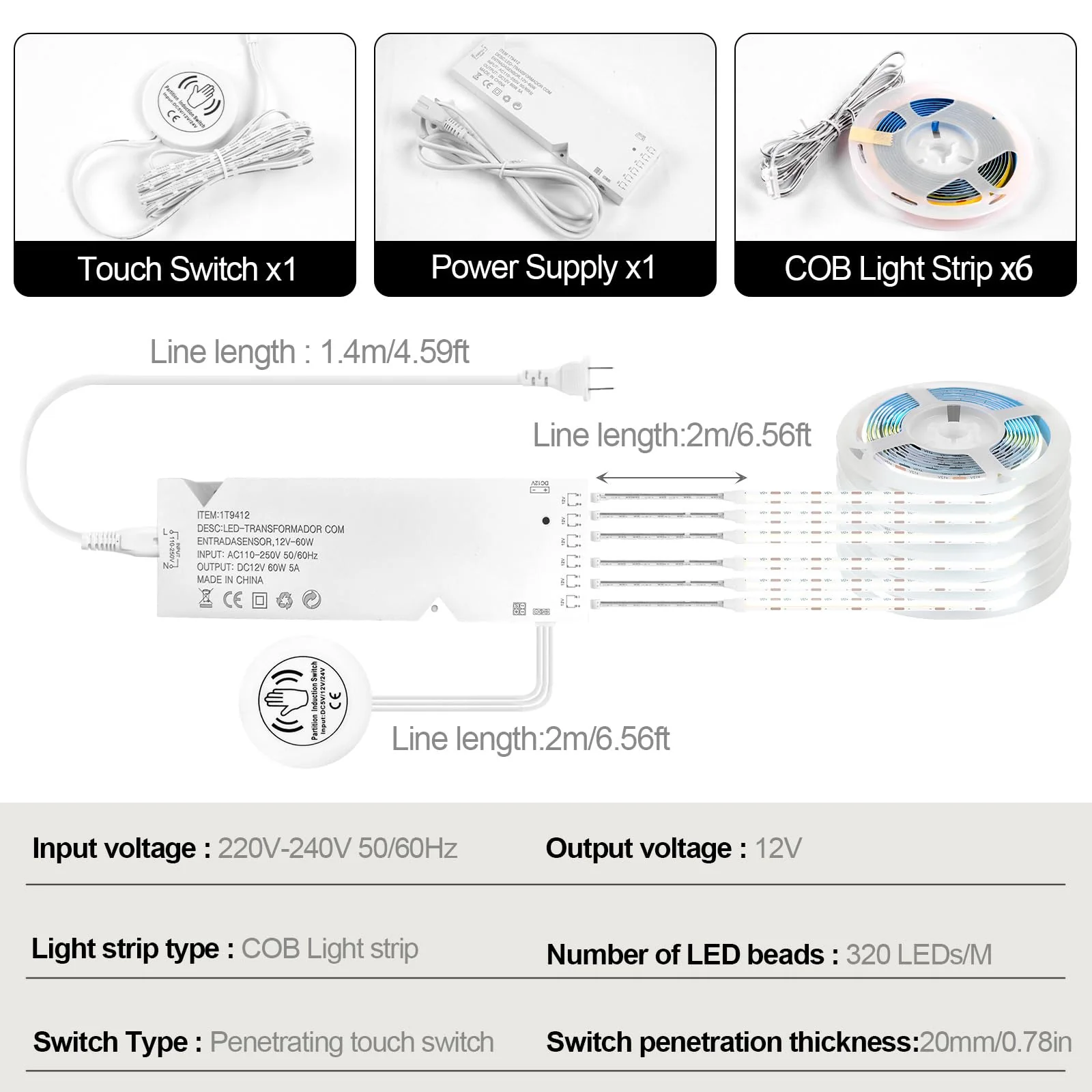 12V White COB LED Strip Light Kit-6pcs 3.3FT Self-Adhesive LED Strip Parallel with Dimmable Touch Sensor Switch, Led Light Strip for Wood Slat Wall Panels, Home decor, Under Cabinet Strip Light 6pcs 3.3FT - Image 5