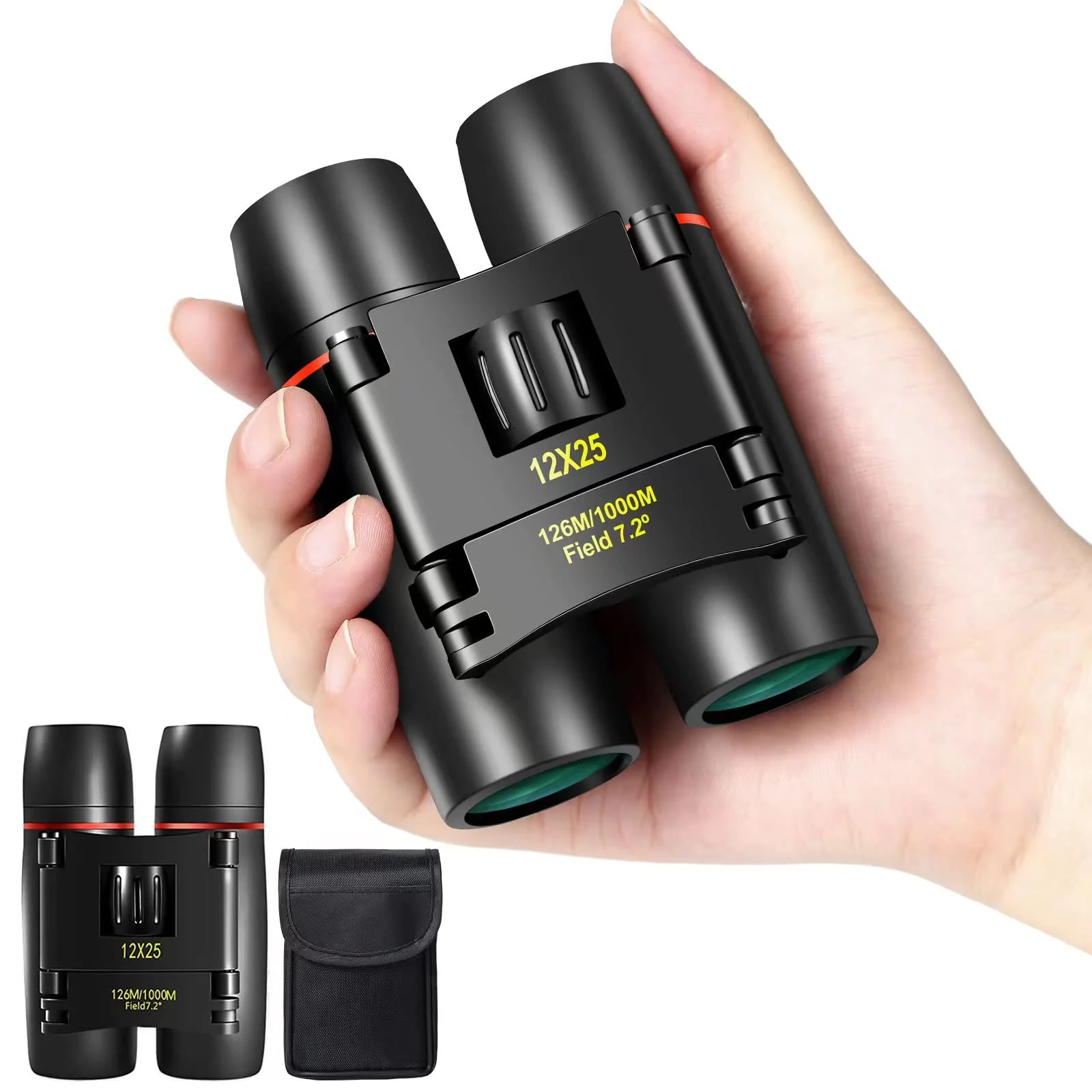 12X25 Mini Pocket Binoculars Compact, Small Lightweight Foldable for Adults Kids Bird Watching, Travel, Opera Concert, Hiking, Cruise, Football Game Green 12X25 Black