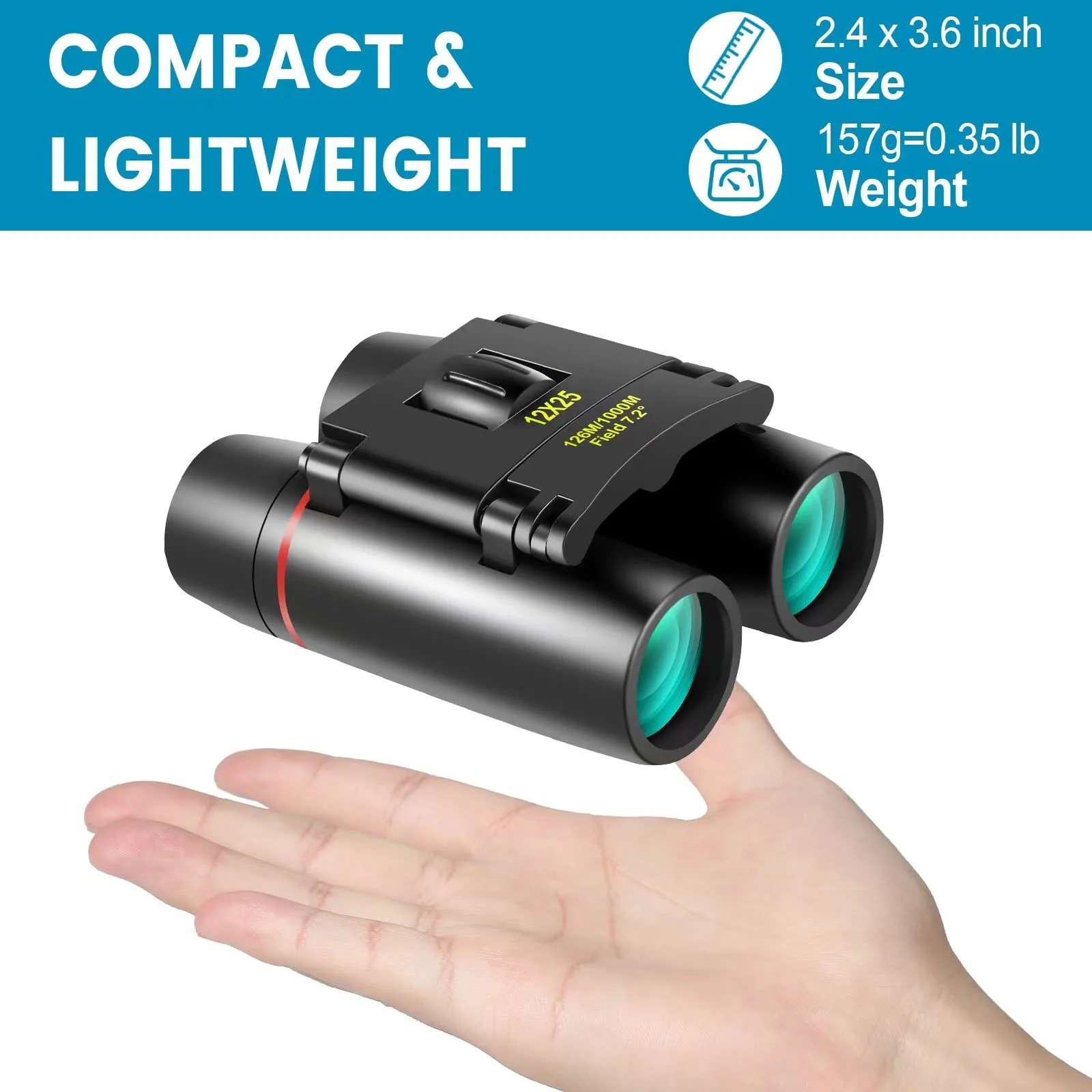 12X25 Mini Pocket Binoculars Compact, Small Lightweight Foldable for Adults Kids Bird Watching, Travel, Opera Concert, Hiking, Cruise, Football Game Green 12X25 Black - Image 4