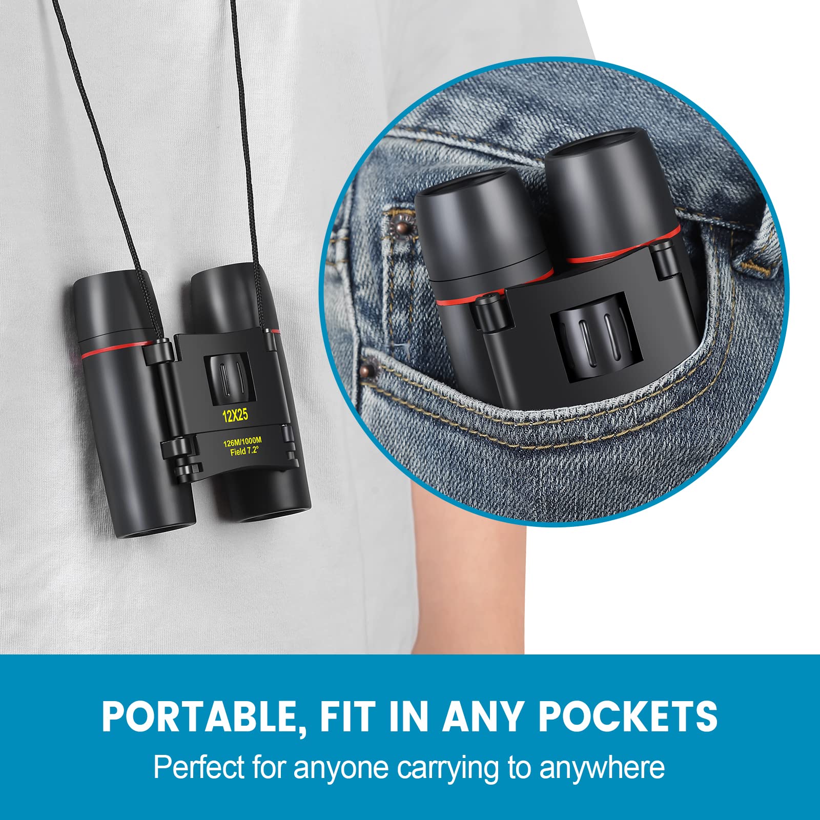 12X25 Mini Pocket Binoculars Compact, Small Lightweight Foldable for Adults Kids Bird Watching, Travel, Opera Concert, Hiking, Cruise, Football Game Green 12X25 Black - Image 5
