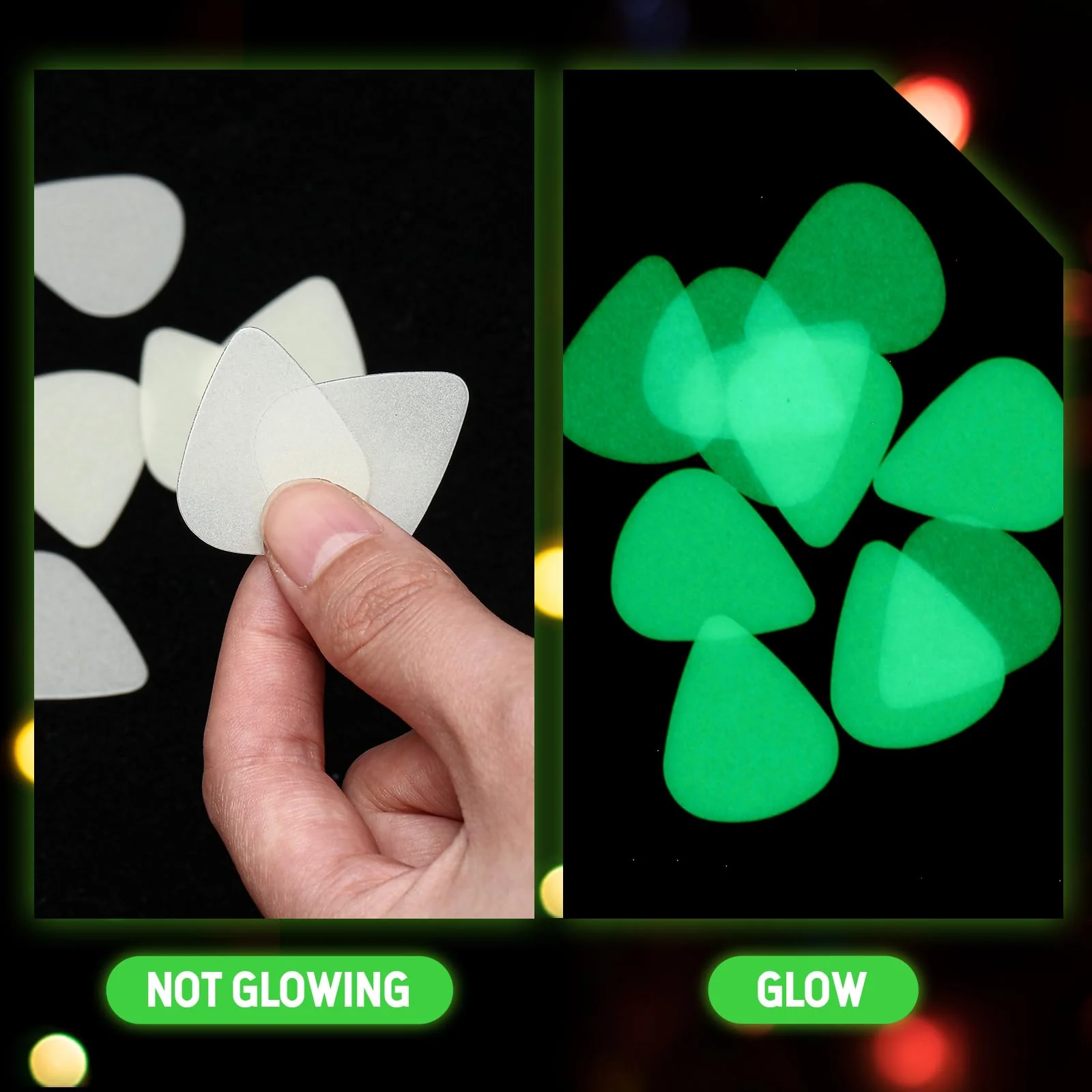 15 Pcs Glow in the Dark Guitar Picks Plectrums Celluloid Guitar Picks 3 Sizes 0.5 0.75 1.0 mm, Thin Medium Heavy Thickness, Light up Guitar Picks for Bass Electric Acoustic Guitars Ukulele - Image 3