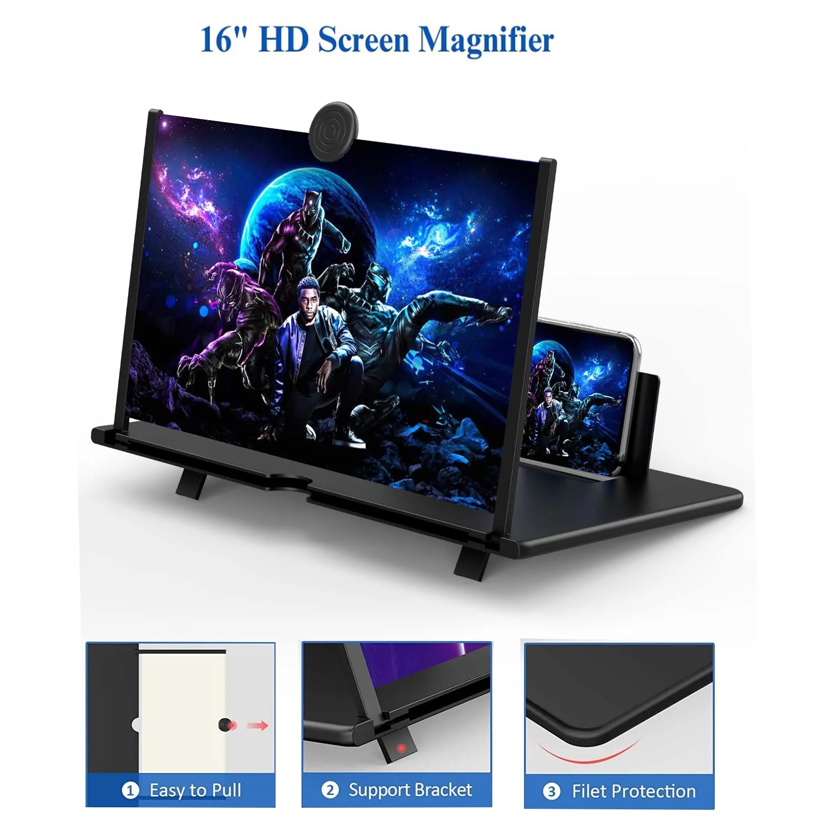 16" Screen Magnifier for Mobile Phone –3D HD Cell Phone Magnifying Projector Screen Enlarger for Movies, Videos, and Gaming–Foldable Phone Stand with Screen Amplifier–Supports All Smartphones (Black) Black - Image 2