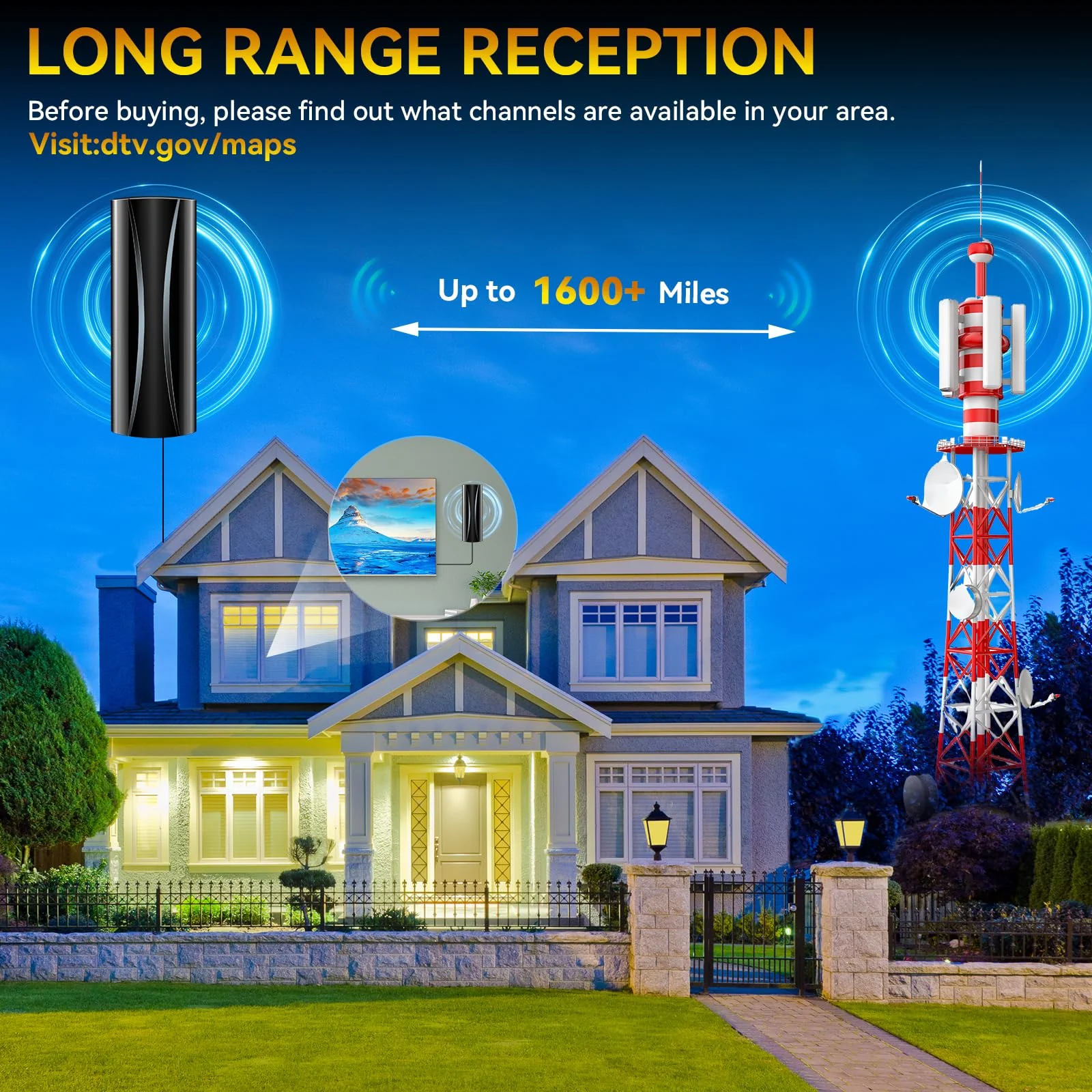 1600+ Miles Range TV Antenna, 2025 Strongest Digital TV Antenna Indoor with Amplifier and Signal Booster, Portable HD Antenna for TV Indoor for Smart TV and Old TVs-36ft Coax Cable-Support 8K 4K 1080p Black - Image 3