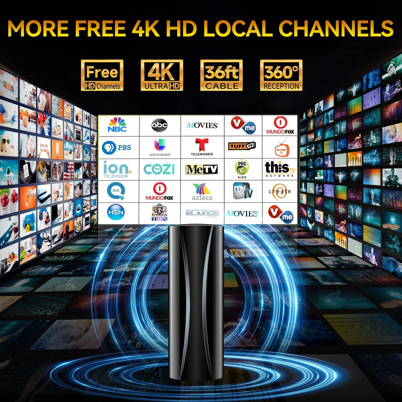 1600+ Miles Range TV Antenna, 2025 Strongest Digital TV Antenna Indoor with Amplifier and Signal Booster, Portable HD Antenna for TV Indoor for Smart TV and Old TVs-36ft Coax Cable-Support 8K 4K 1080p Black - Image 4