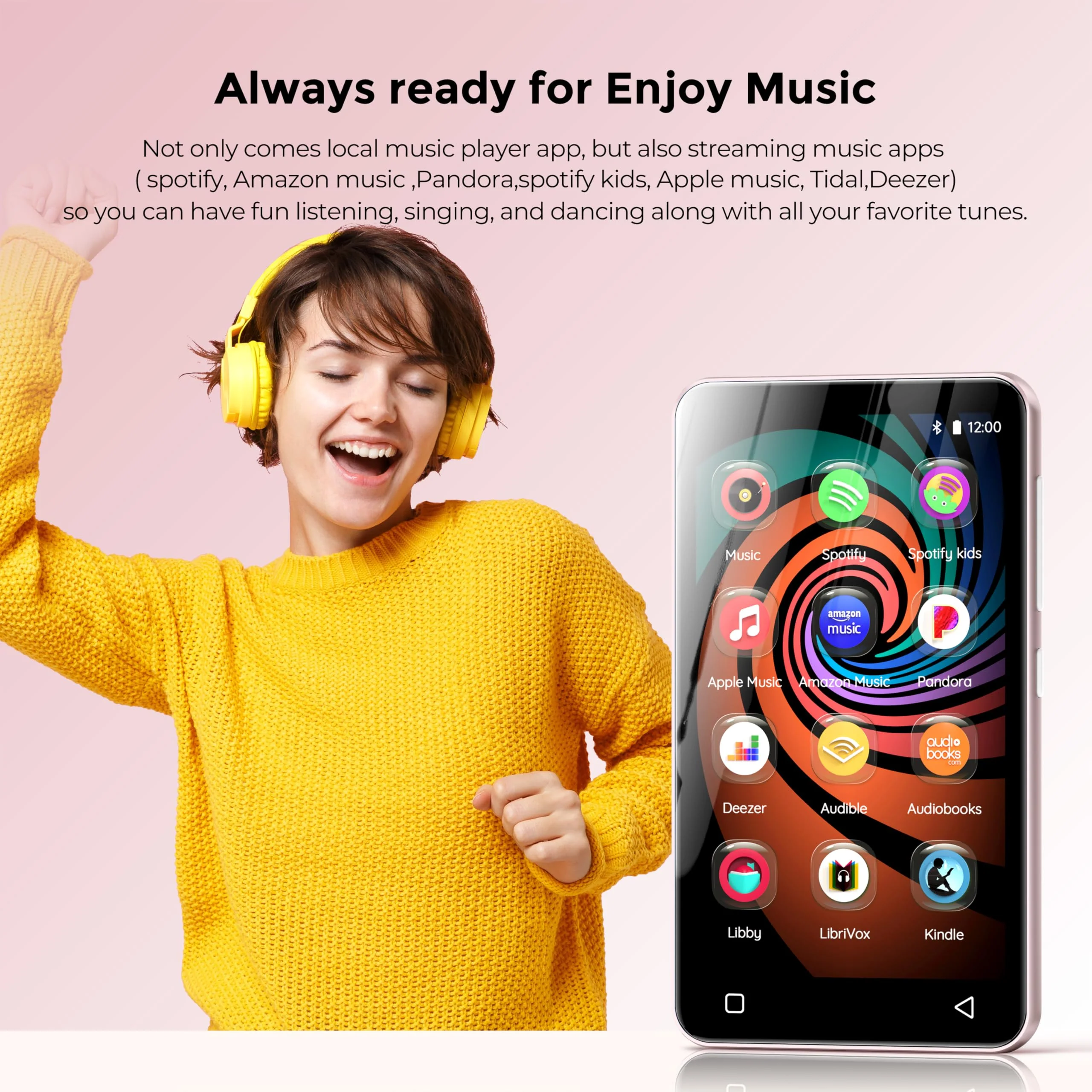 160GB MP3 Player with Bluetooth and WiFi, innioasis Music Player with Spotify,Pandora,Amazon Music,4" Touch Screen Android MP4 MP3 Player for Kids with Libby,Audible,Spotify Kids (White+Pink) Pink+White - Image 2