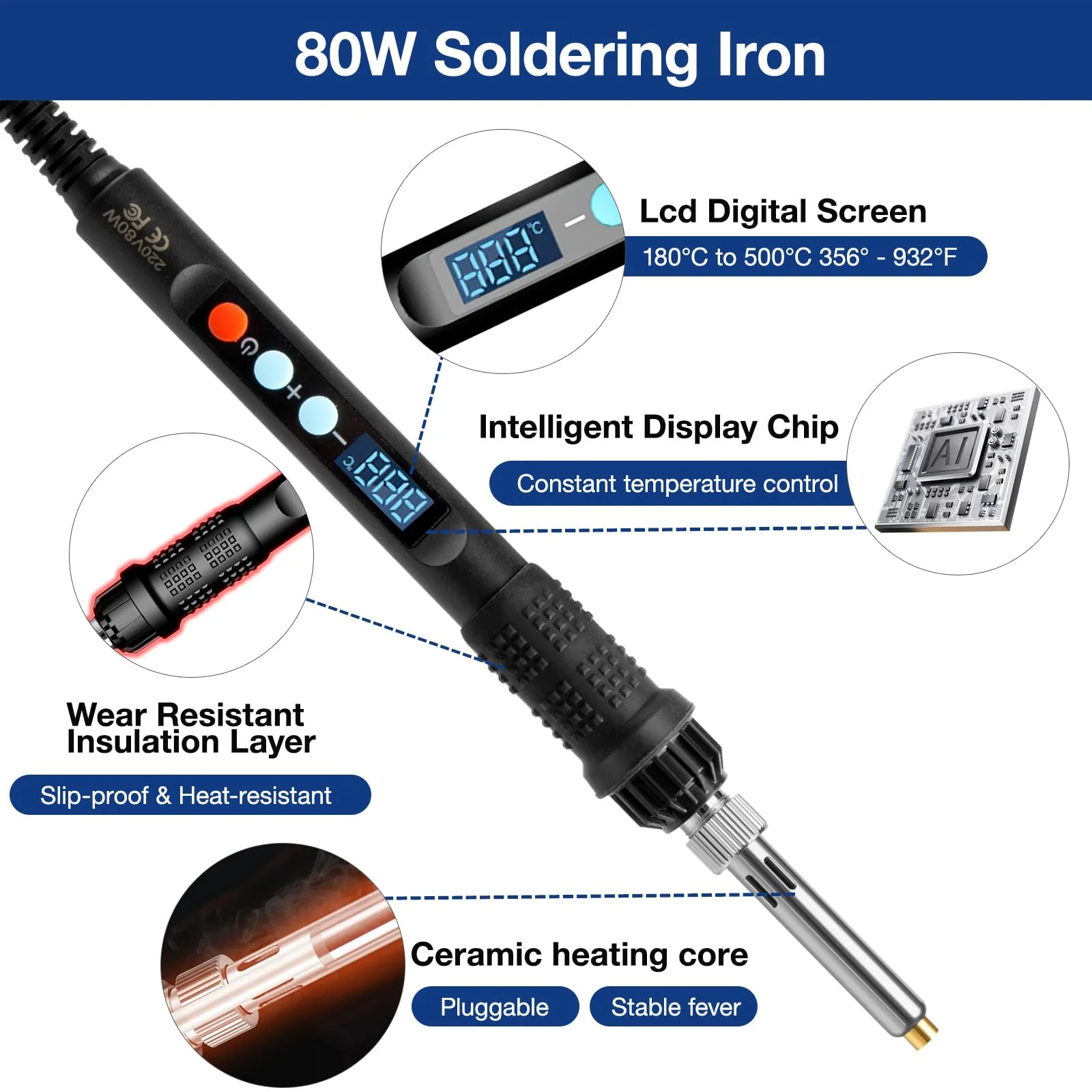 169 Piece Threaded Inserts Soldering Tips Set, 180°C ~ 500°C Temperature Adjustable Soldering Iron with LED Digital Display, 80W Repair Welding Machine Soldering Iron Set with 160 Pieces Thread Insert - Image 7