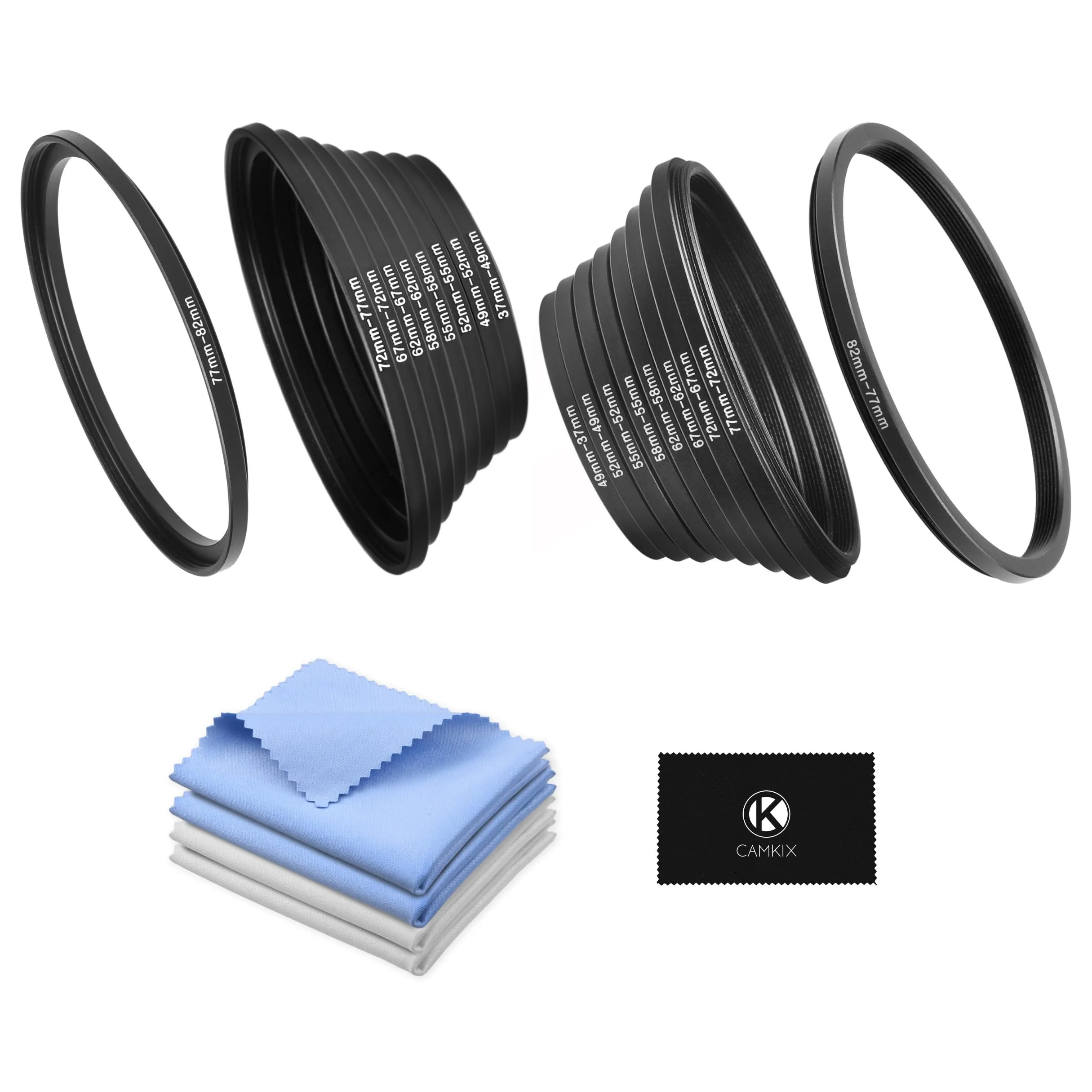 18-Piece Filter Ring Adapter Set - 9X Step-Up Rings and 9X Step-Down Rings for Lens Filters, Lens Hoods, and Lens Converters - Includes 4X Microfiber Cleaning Cloths (7x6 Inches) Step Up + Down Lens Filter Adapter Kit - Set of 18
