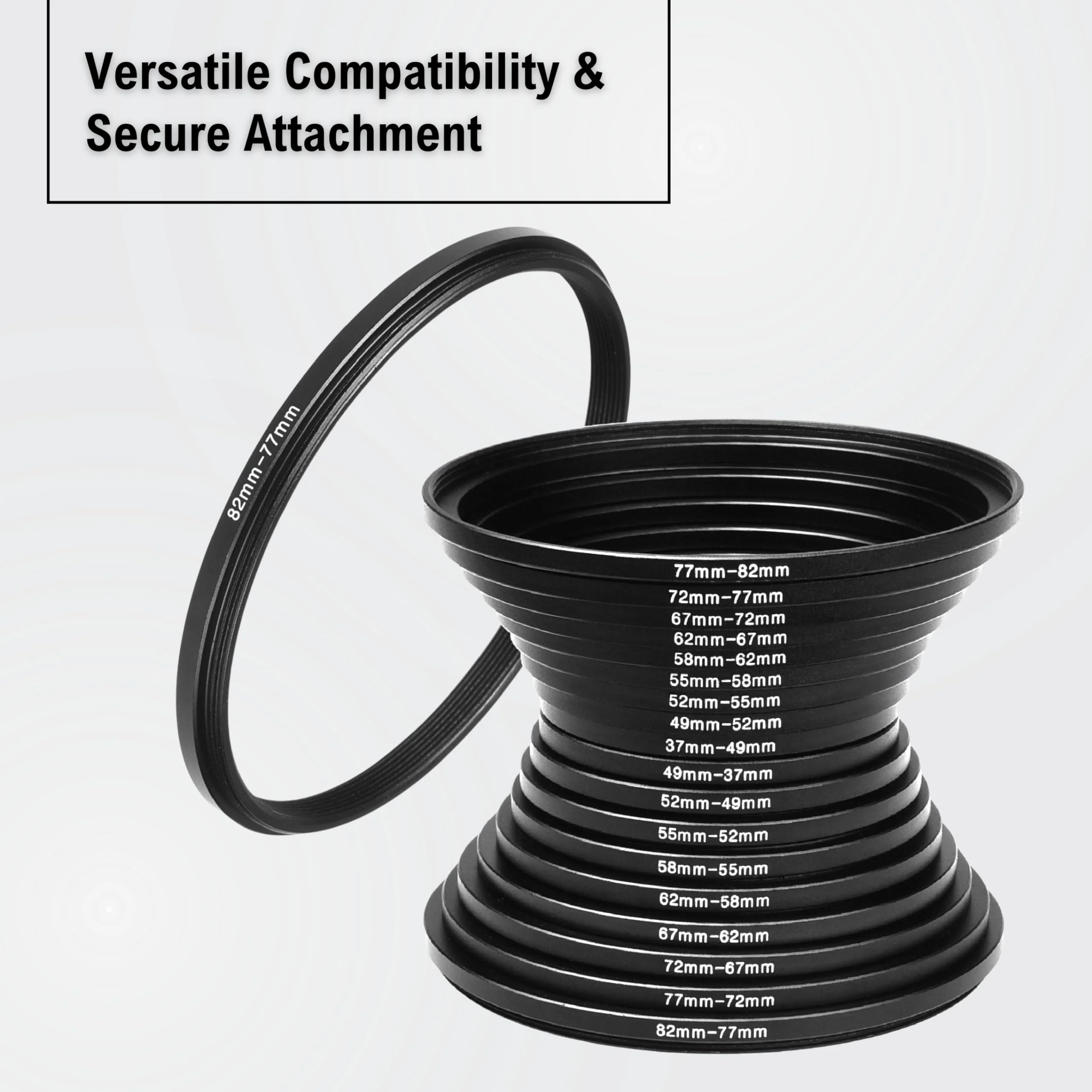 18-Piece Filter Ring Adapter Set - 9X Step-Up Rings and 9X Step-Down Rings for Lens Filters, Lens Hoods, and Lens Converters - Includes 4X Microfiber Cleaning Cloths (7x6 Inches) Step Up + Down Lens Filter Adapter Kit - Set of 18 - Image 4