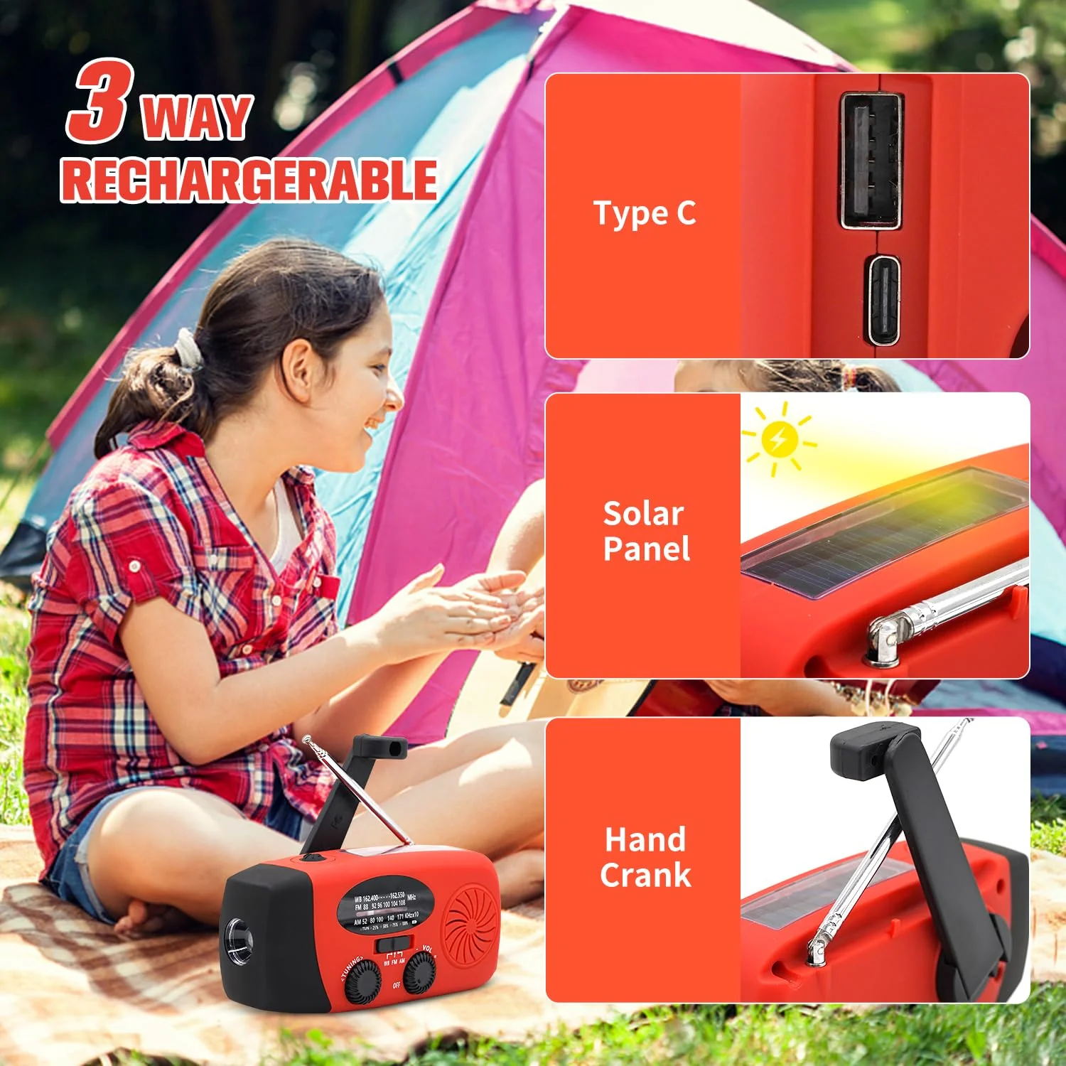 18500mWh/5000mAh Emergency Crank Weather Radio, iRonsnow NOAA/FM/AM Solar Radios, Portable Survival Radio with SOS, Earphone Jack, 1W 4 Modes LED Flashlight, Cell Phone Charger for Camping Hiking 5000mAh Red - Image 5