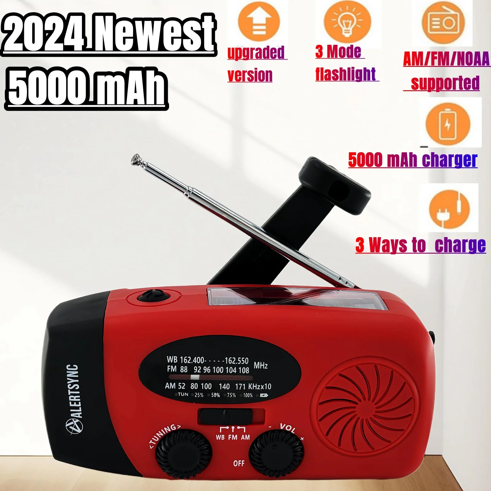 18500mWh/5000mAh Hand Crank Emergency Weather Radio, AM FM NOAA Solar Radio with Led Flashlight and Earphone Jack, Charger for Smartphone, Self Powered Radios with SOS Alarm - Image 2