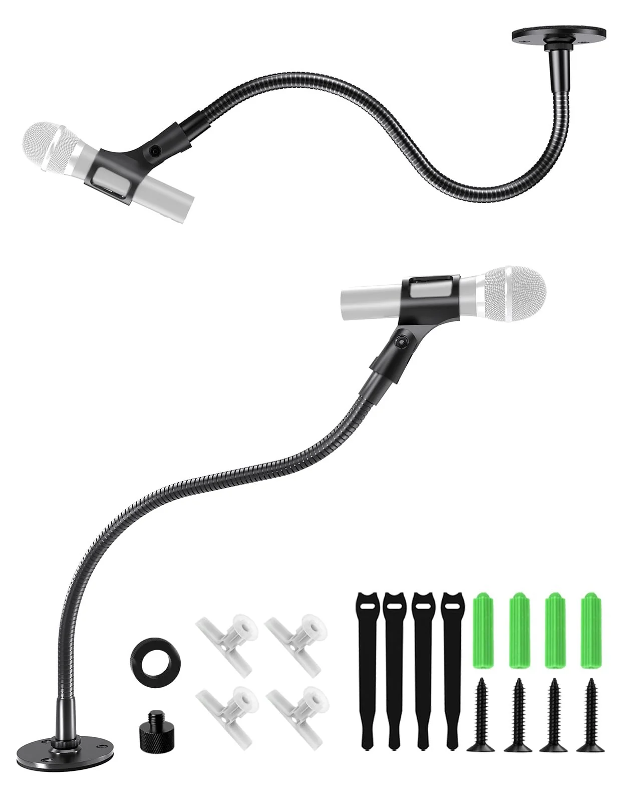 19" Gooseneck Mic Stand with Wall & Desk Flange Mount - Heavy-Duty Adjustable Microphone Arm, Universal Mic Holder & Cable Ties, 5/8 to 3/8 Adapter, Ideal for Podium, Podcasting Studio and Streaming 19-inch + Flange Mount